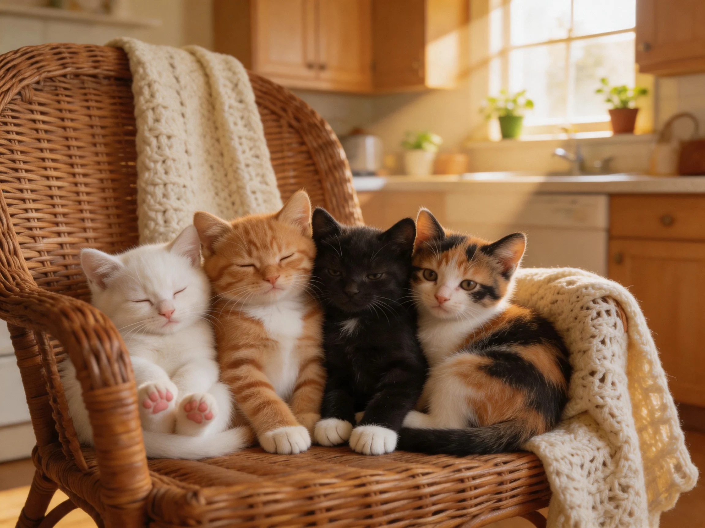 Four colorful kittens cuddle on a wicker chair with crocheted blankets.