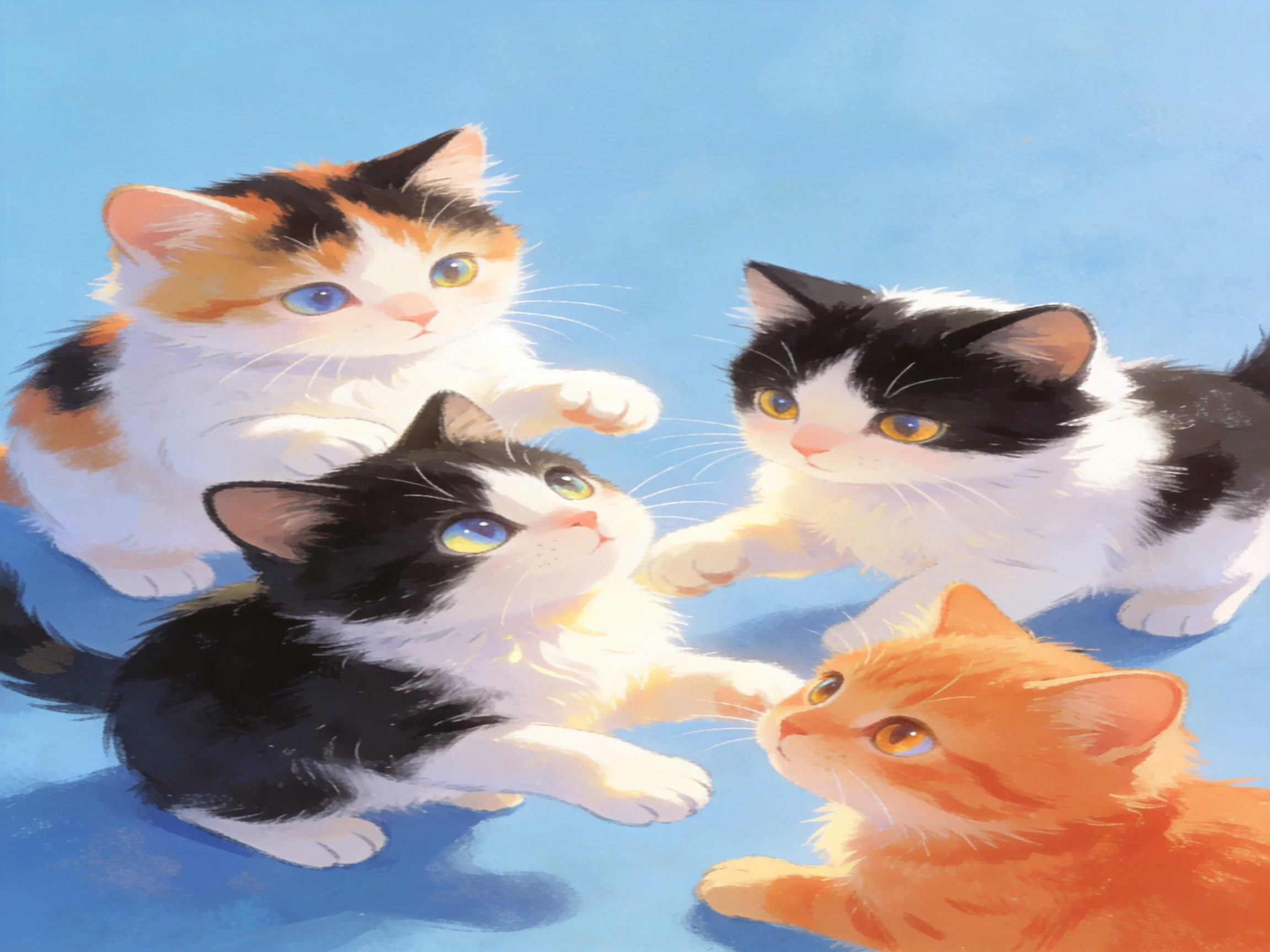 Four colorful kittens with varied fur patterns on a bright blue backdrop