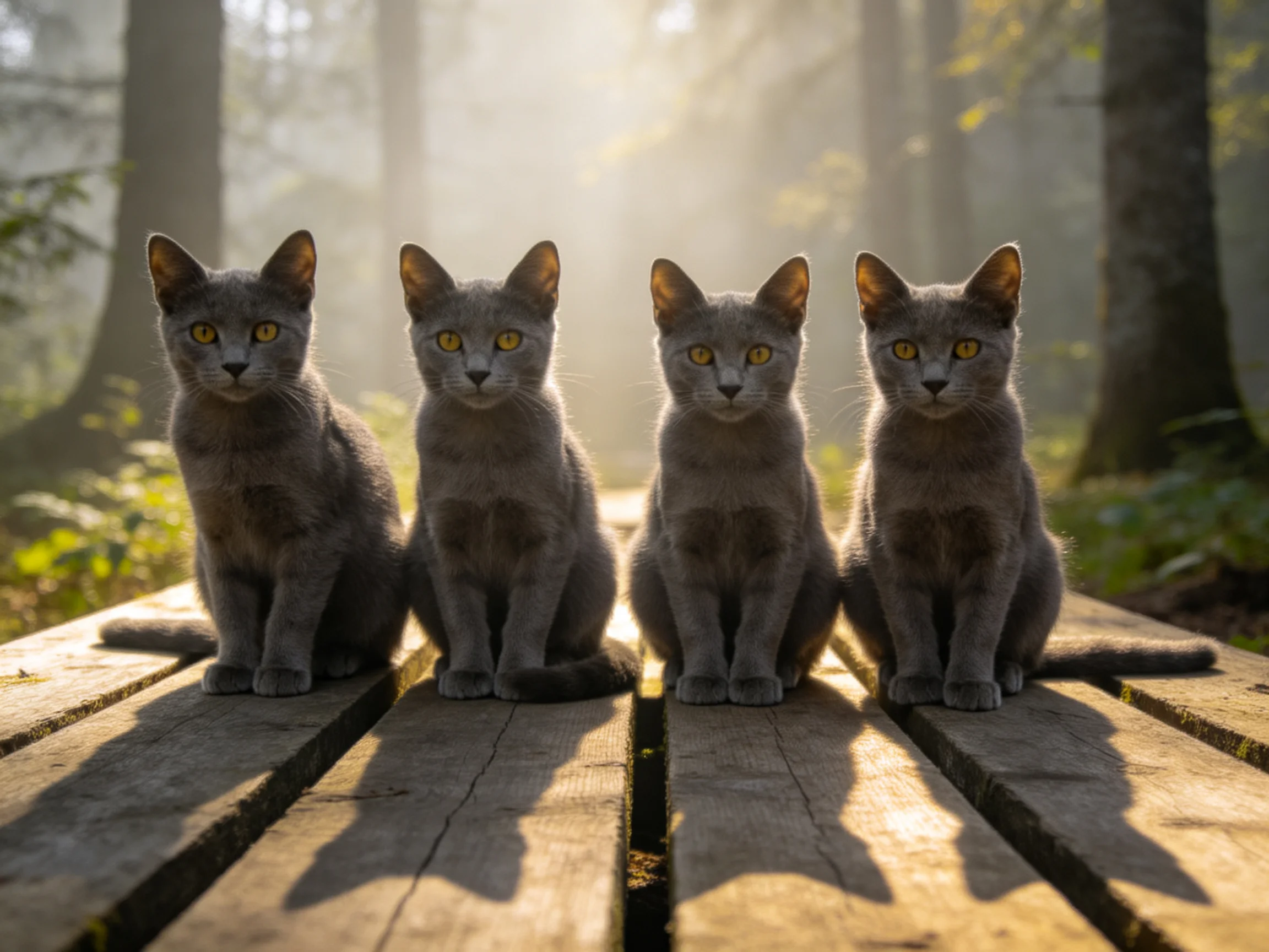 Four gray cats sit on a wooden bench in a sunlit forest
