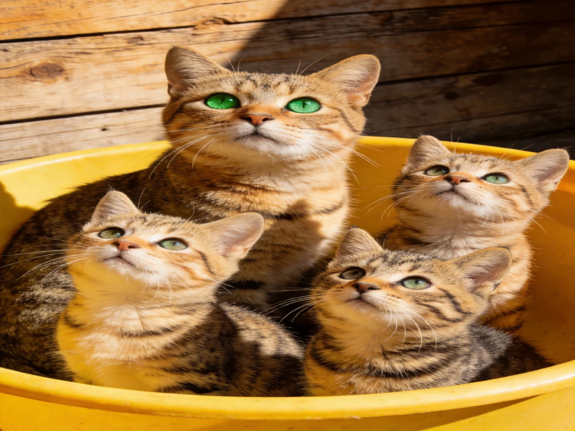 Four tabby cats, including an adult, rest in a large yellow tub near wooden planks.