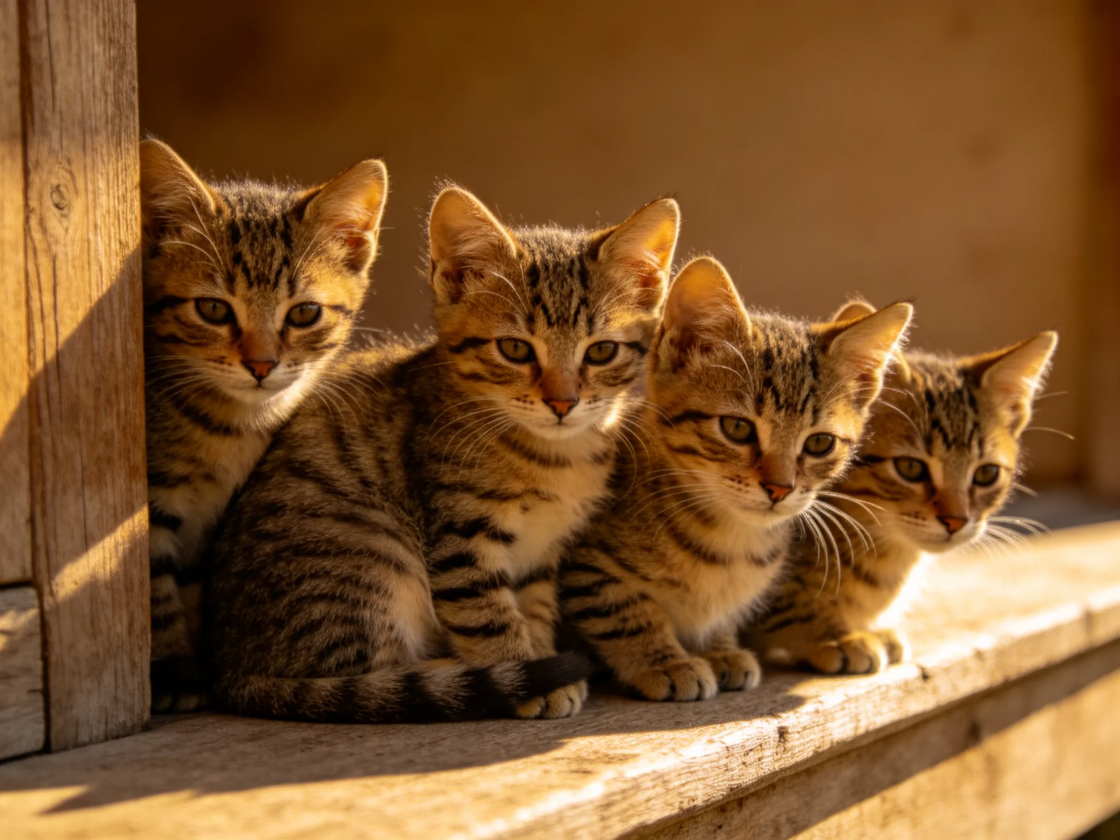 Four tabby kittens gather on a sunlit wooden ledge