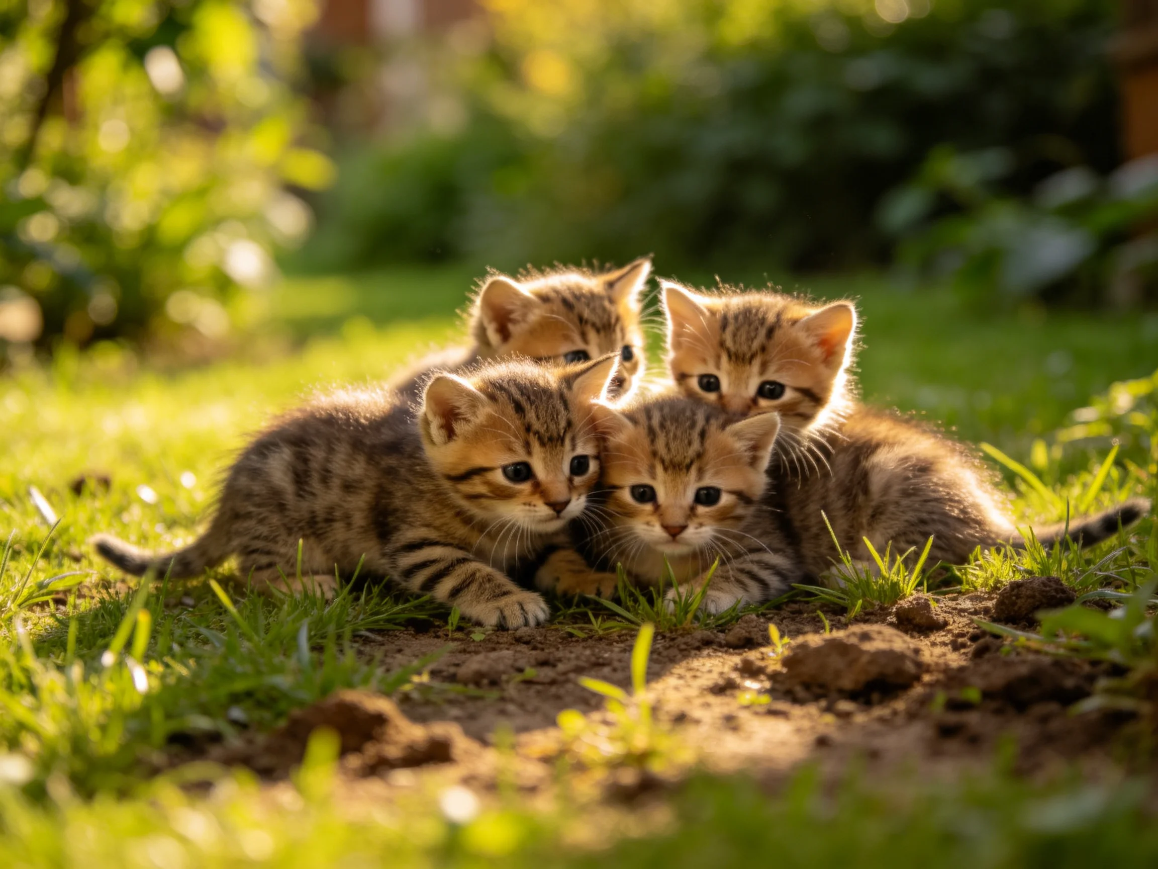Four tabby kittens huddled together in a sunlit garden