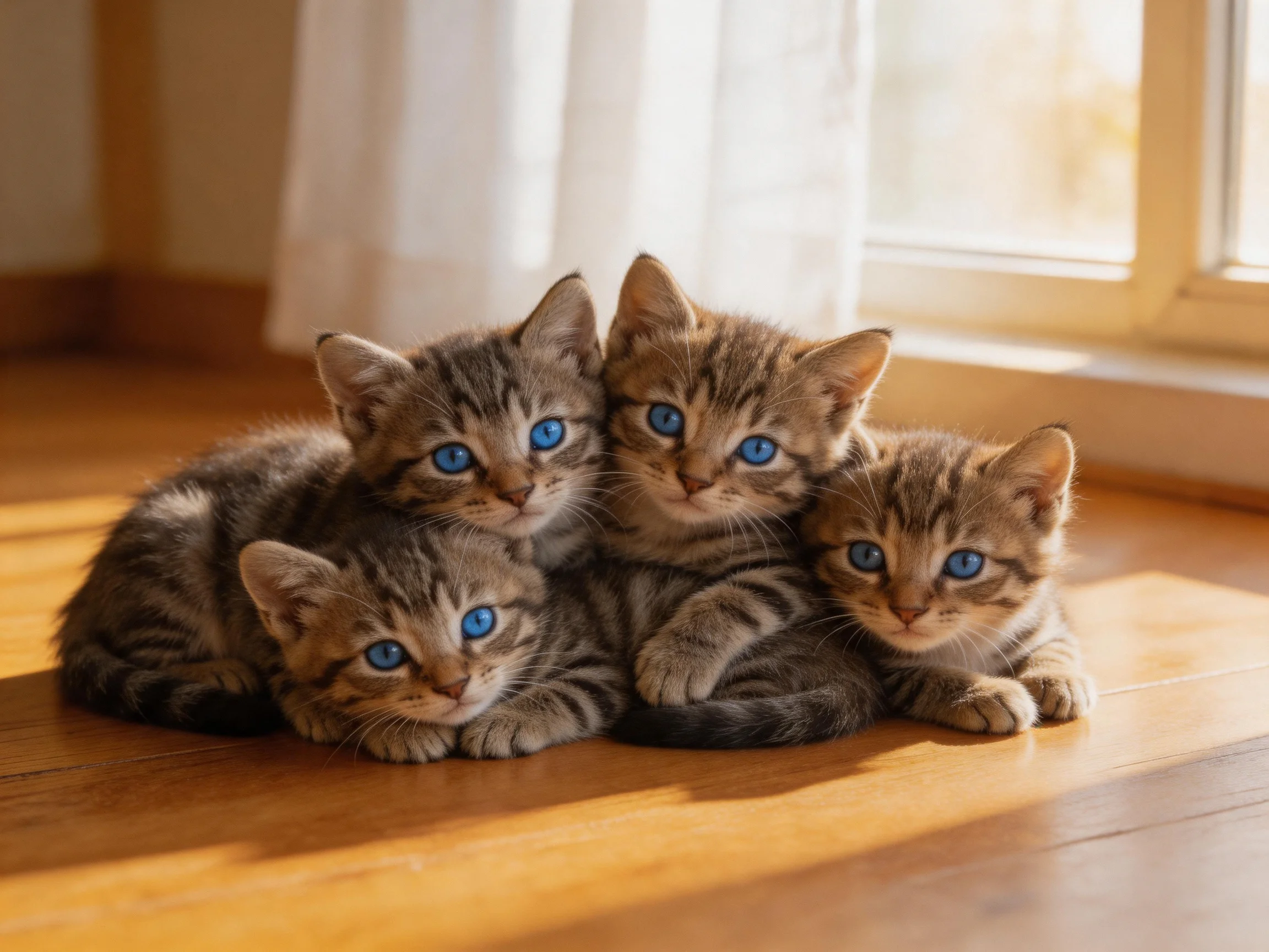 Four tabby kittens with bright blue eyes cluster on a sunlit wooden floor
