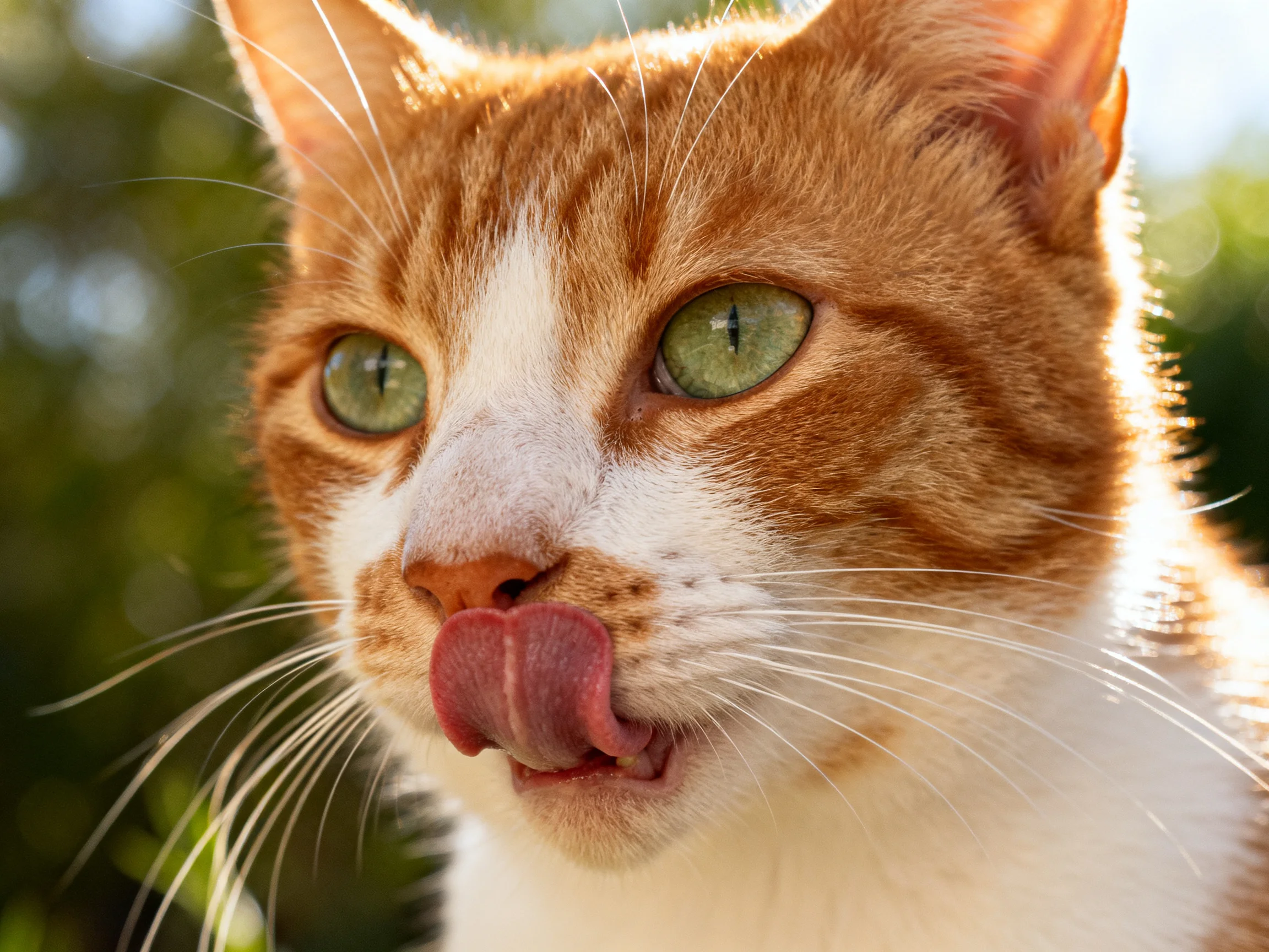 Ginger and white cat licks nose with green eyes in sunny outdoor setting