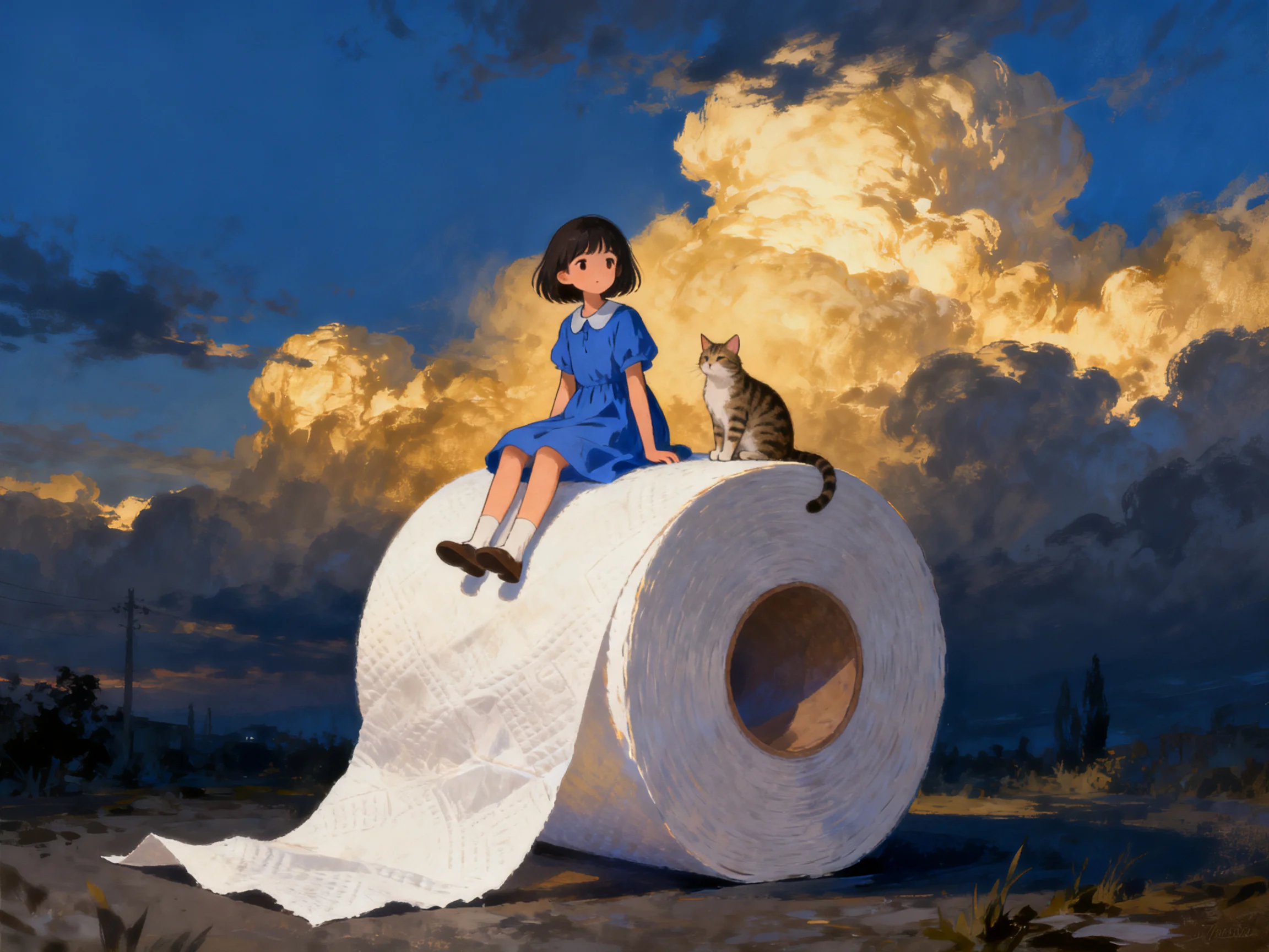 Girl in blue dress sits on giant toilet paper roll with cat under golden clouds