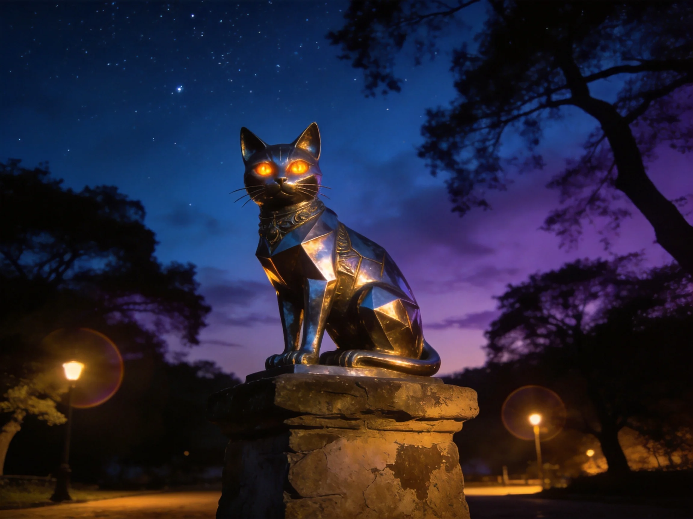 A metallic cat statue with glowing eyes sits on a stone pedestal during twilight.