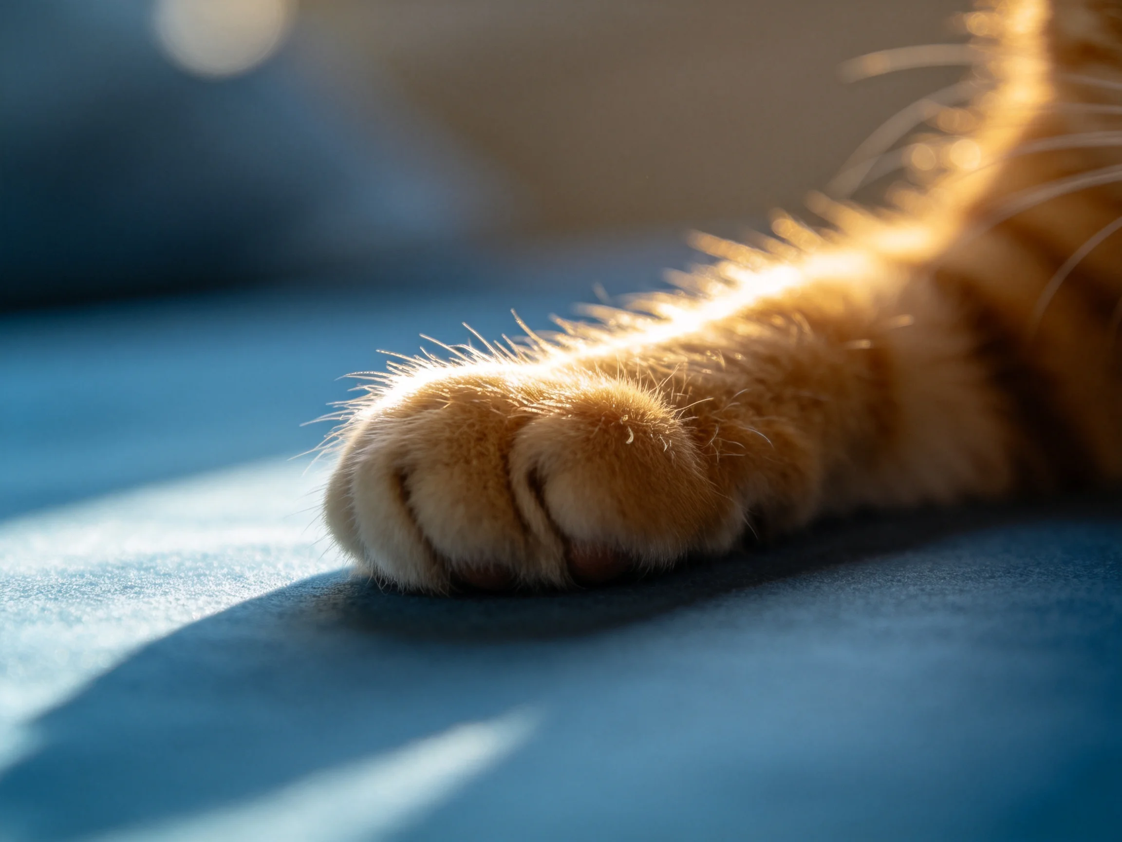 Golden Cat Paw Resting on Soft Blue Surface with Warm Lighting