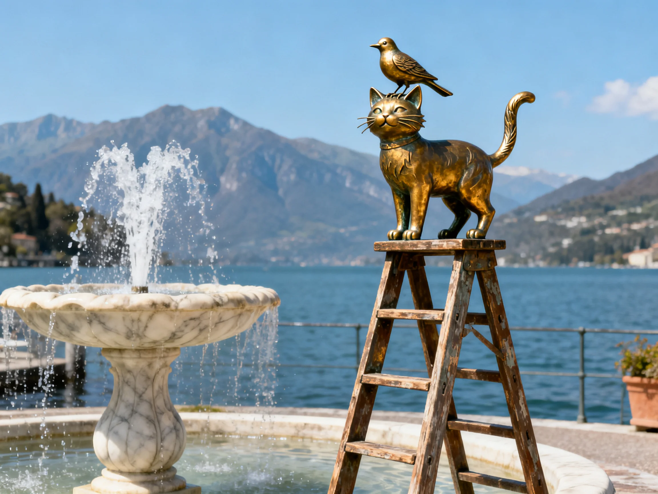 A golden cat statue with a bird sits near a marble fountain by a calm lake.