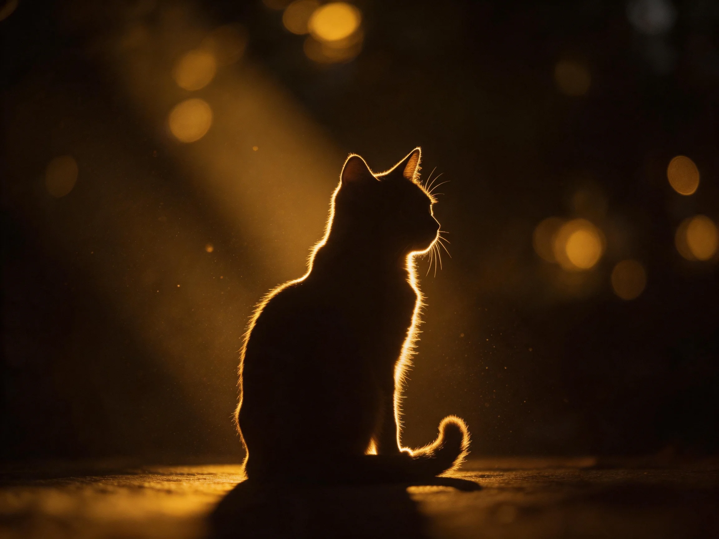 Golden light highlights a cat’s silhouette amid bokeh in a dark setting.