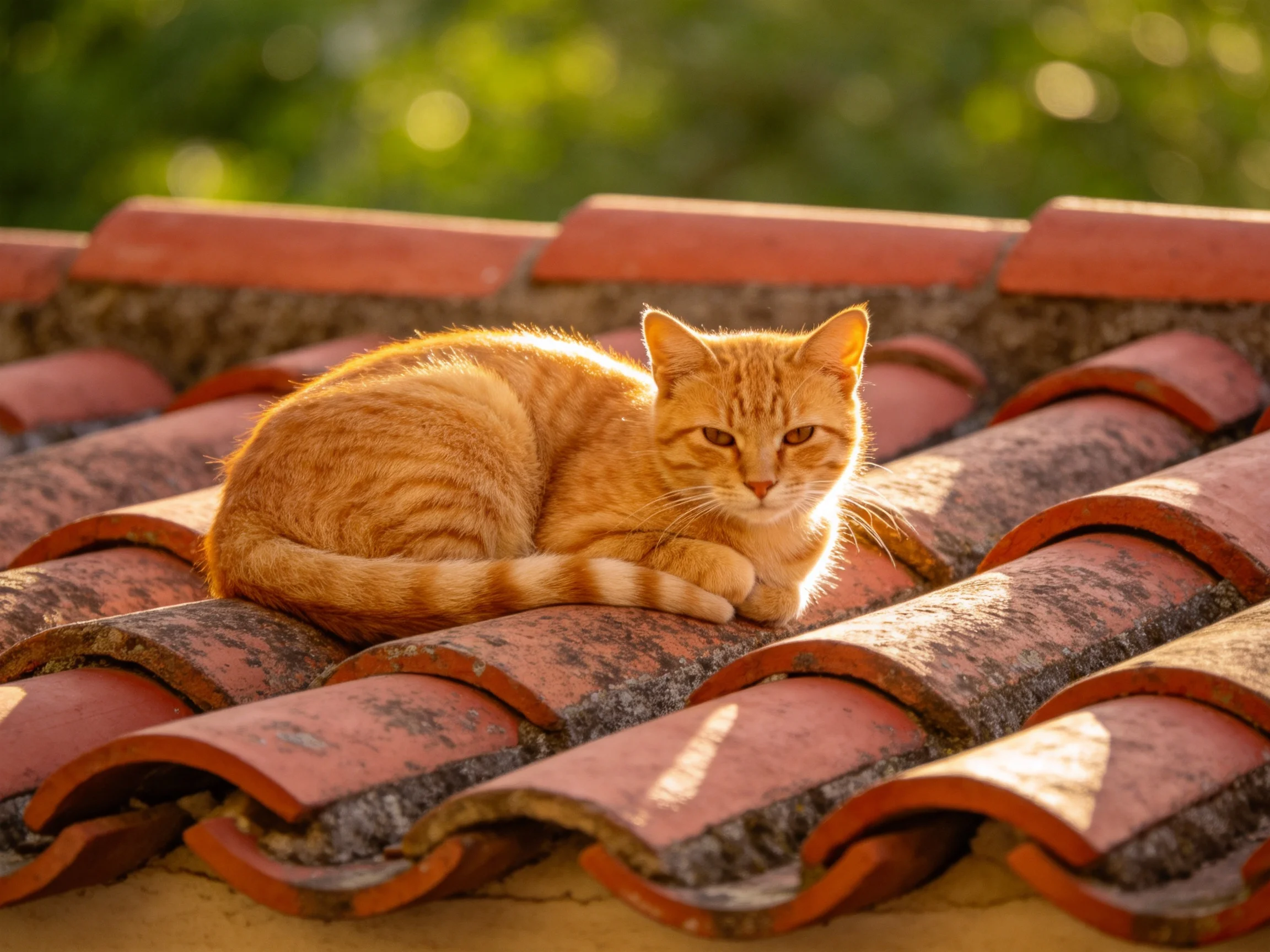 Golden-orange cat lounging on aged terracotta roof tiles in sunlight