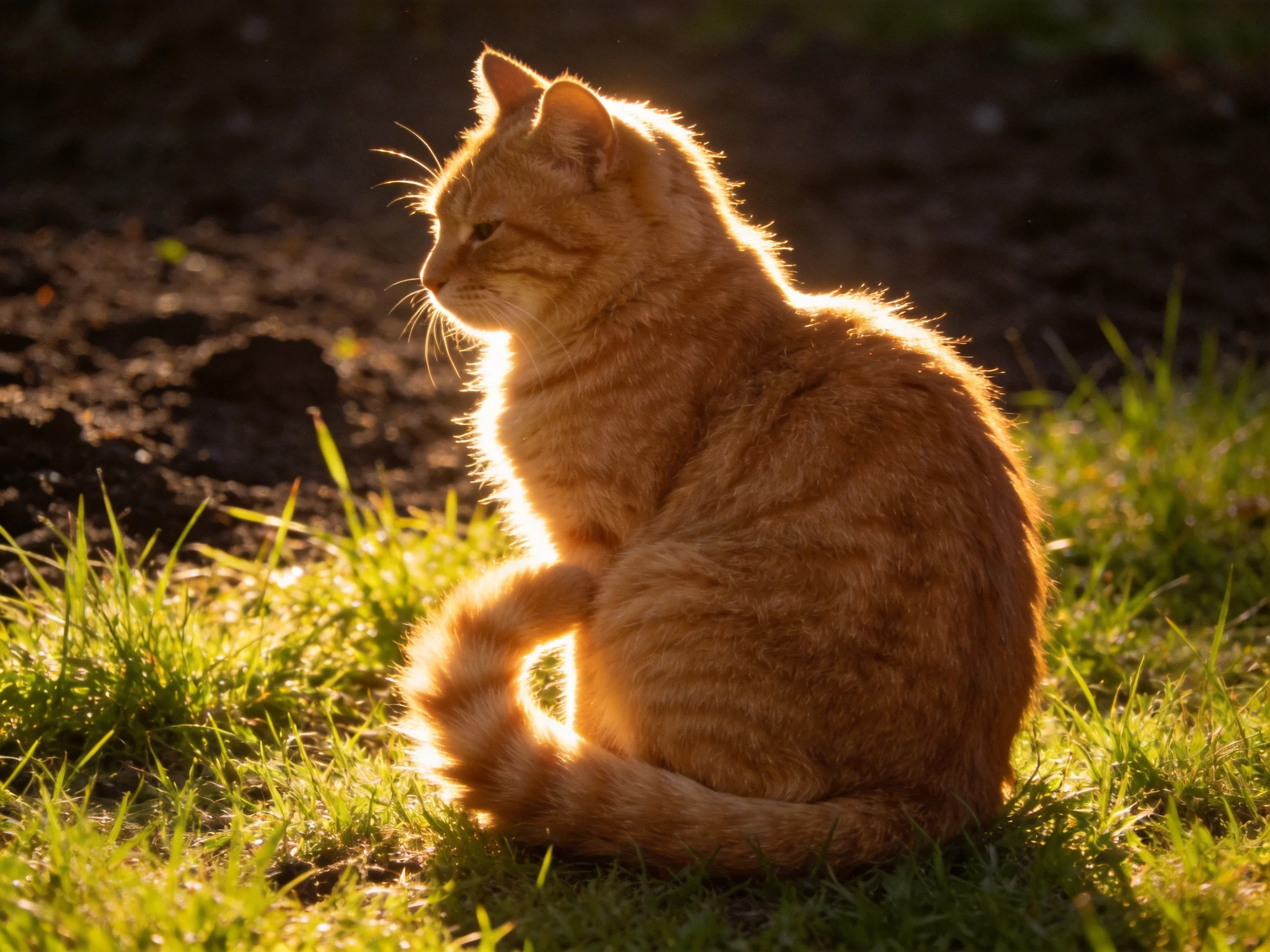 A single golden-orange cat sits on sunlit green grass with dark soil in the background.
