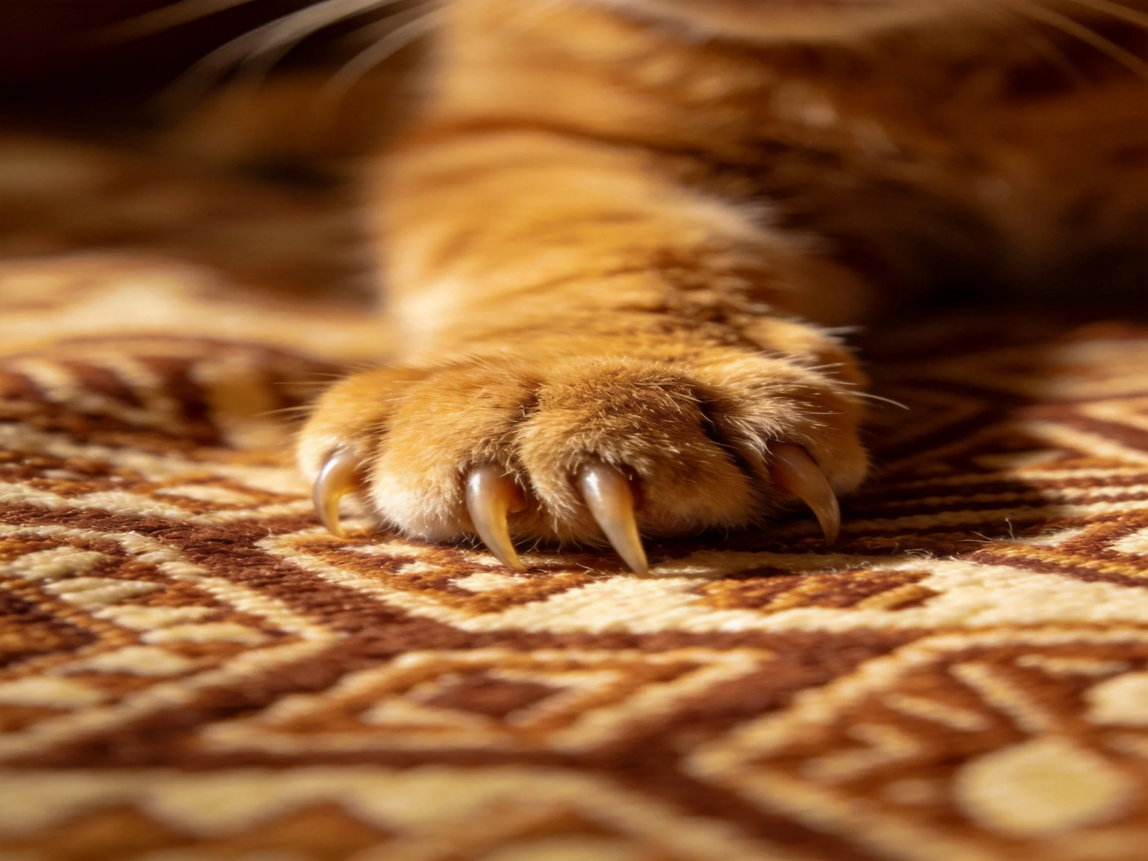 Golden-orange cat’s clawed paw on a patterned rug