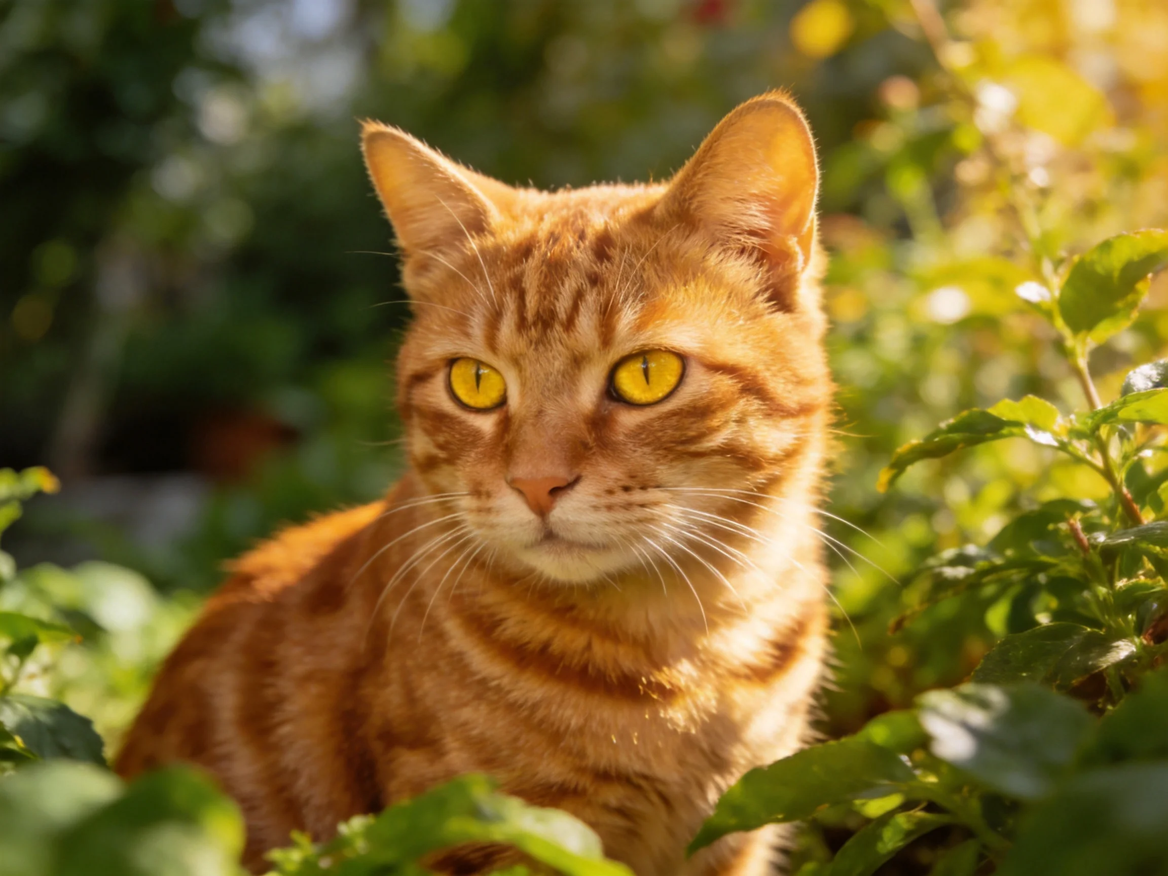 A golden-orange tabby cat with yellow eyes is nestled among green plants in sunlight.