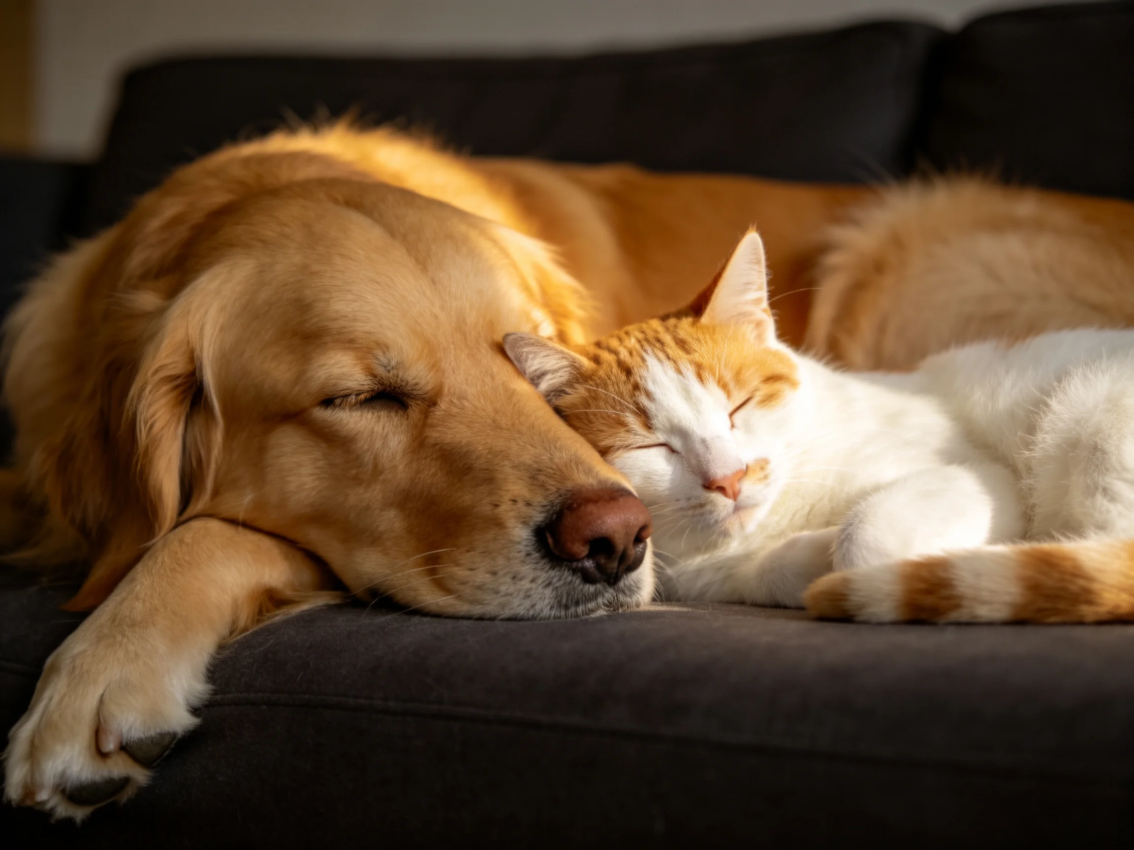 Two pets rest peacefully together on a couch.