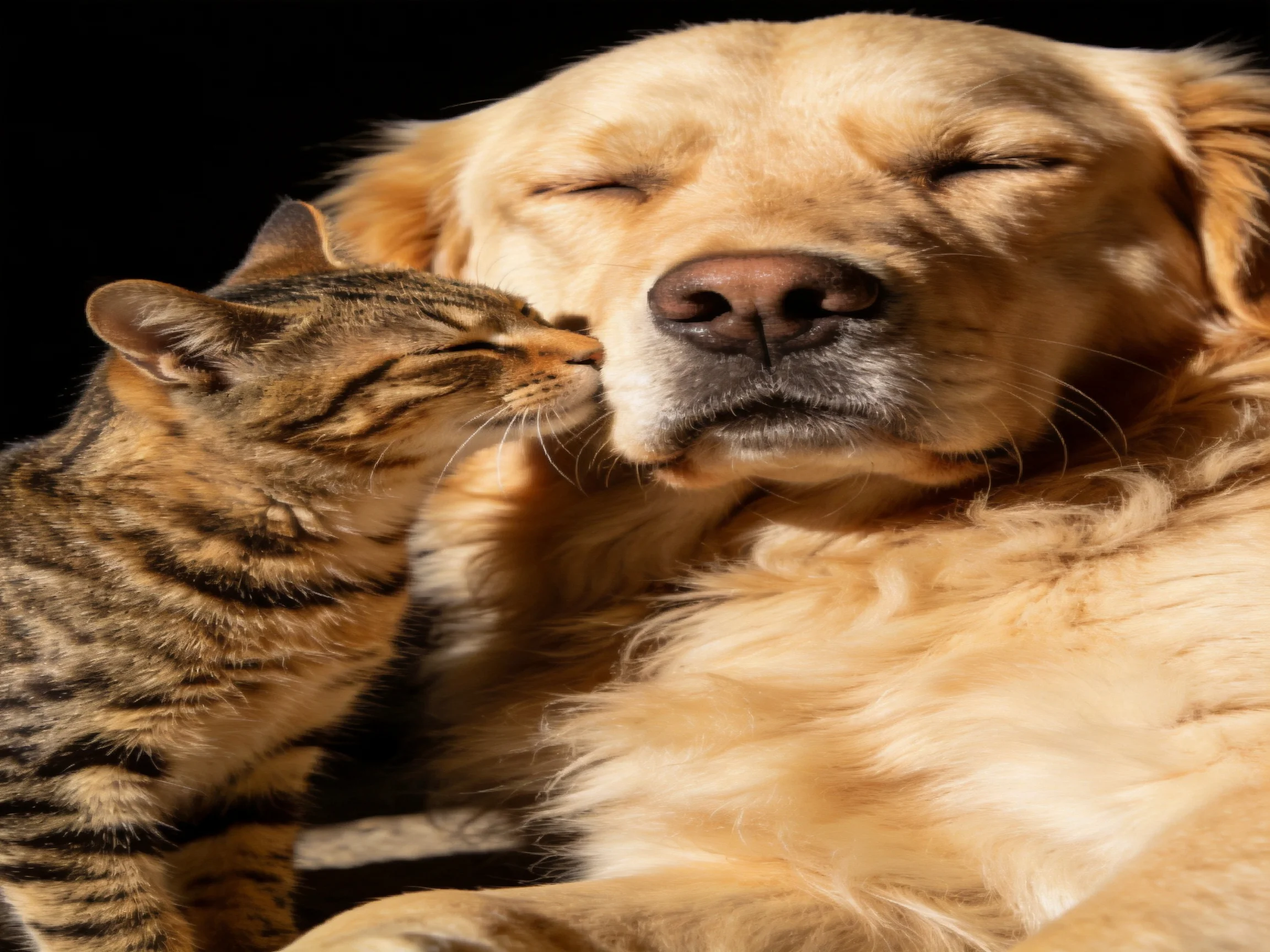 A golden retriever and tabby cat share a calm moment.