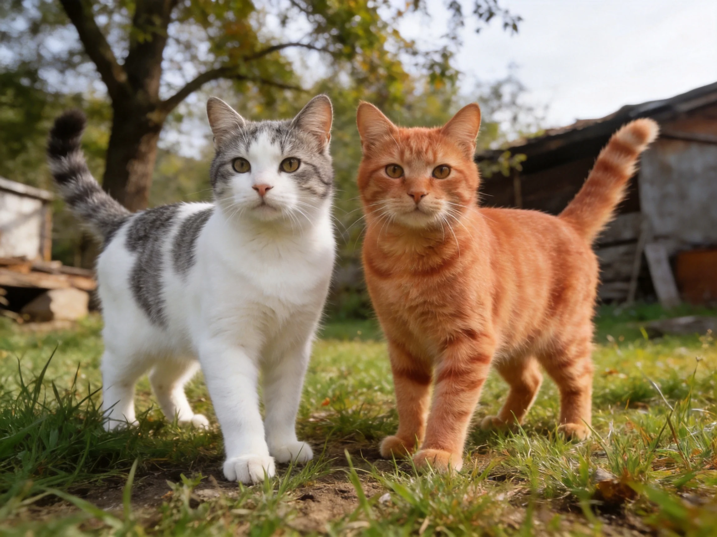 Two cats stand together in a sunny outdoor setting with wooden structures in the background