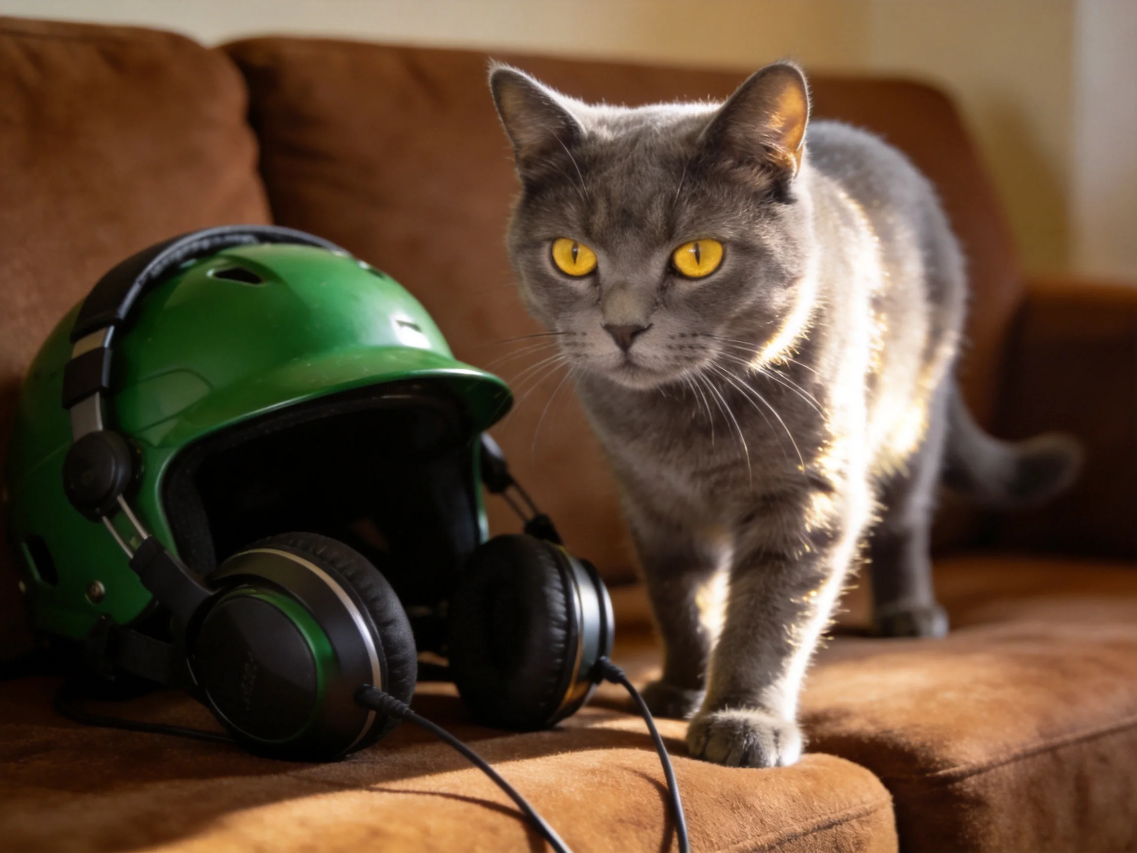 A gray cat stands beside a green helmet and headphones on a brown couch.