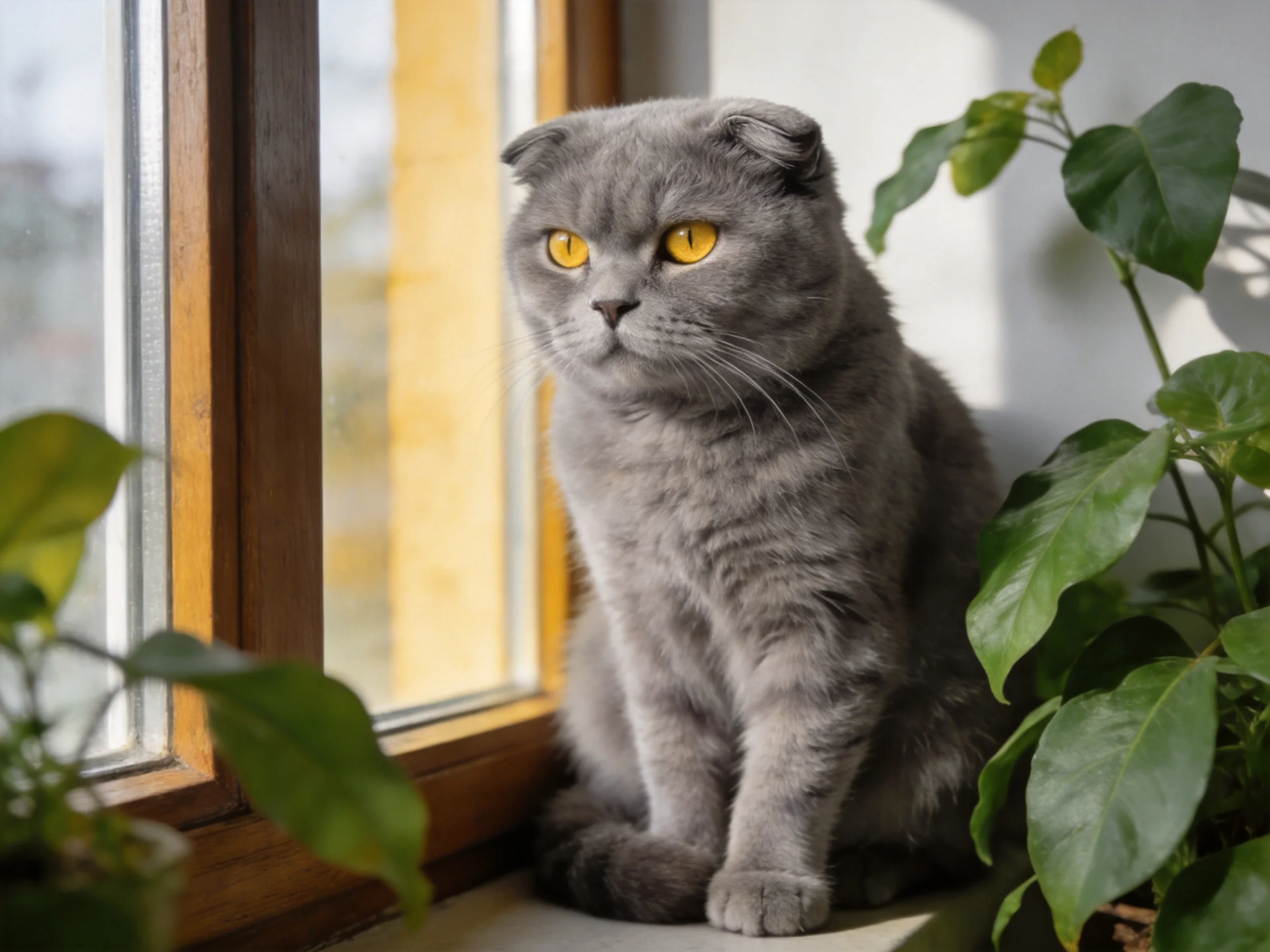 Gray Scottish Fold cat with yellow eyes sits by wooden-framed window near green plants