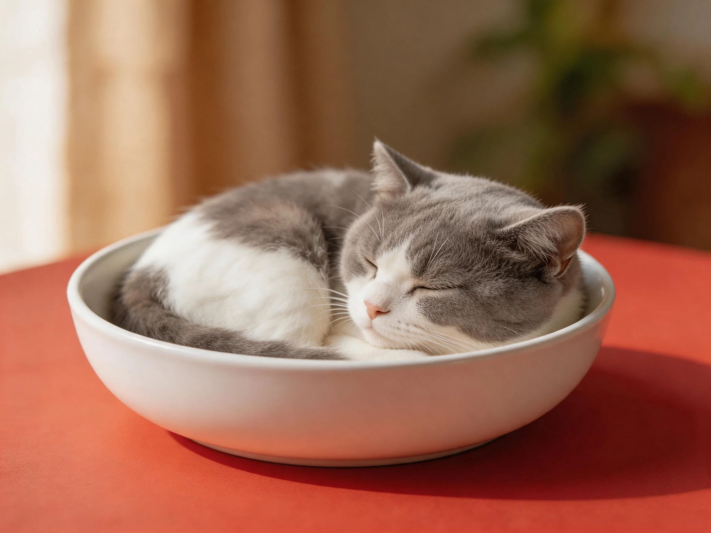 Gray and white cat curled in white bowl on red surface