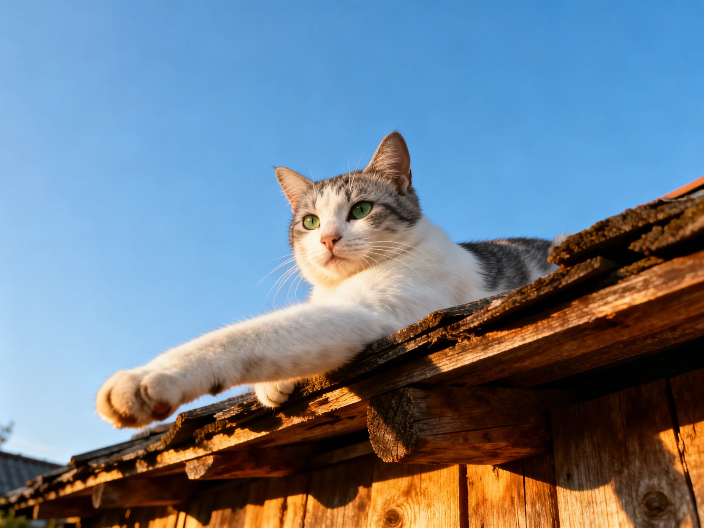 Gray-and-white cat lounges on aged wooden rooftop under clear blue sky