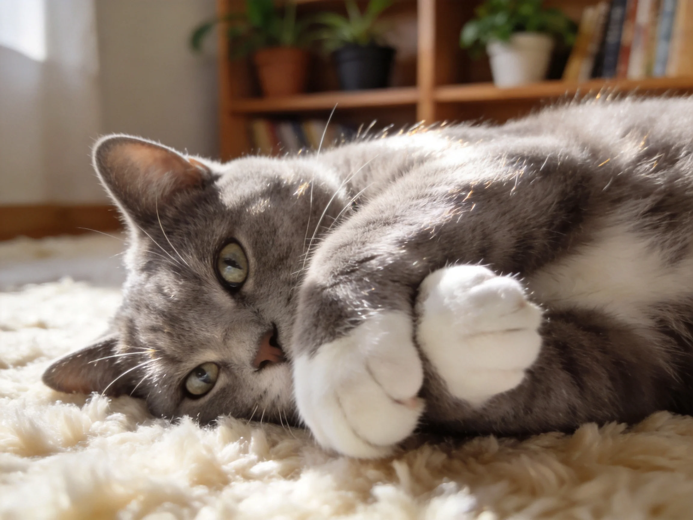 Gray and white cat lounges on soft rug near wooden shelves