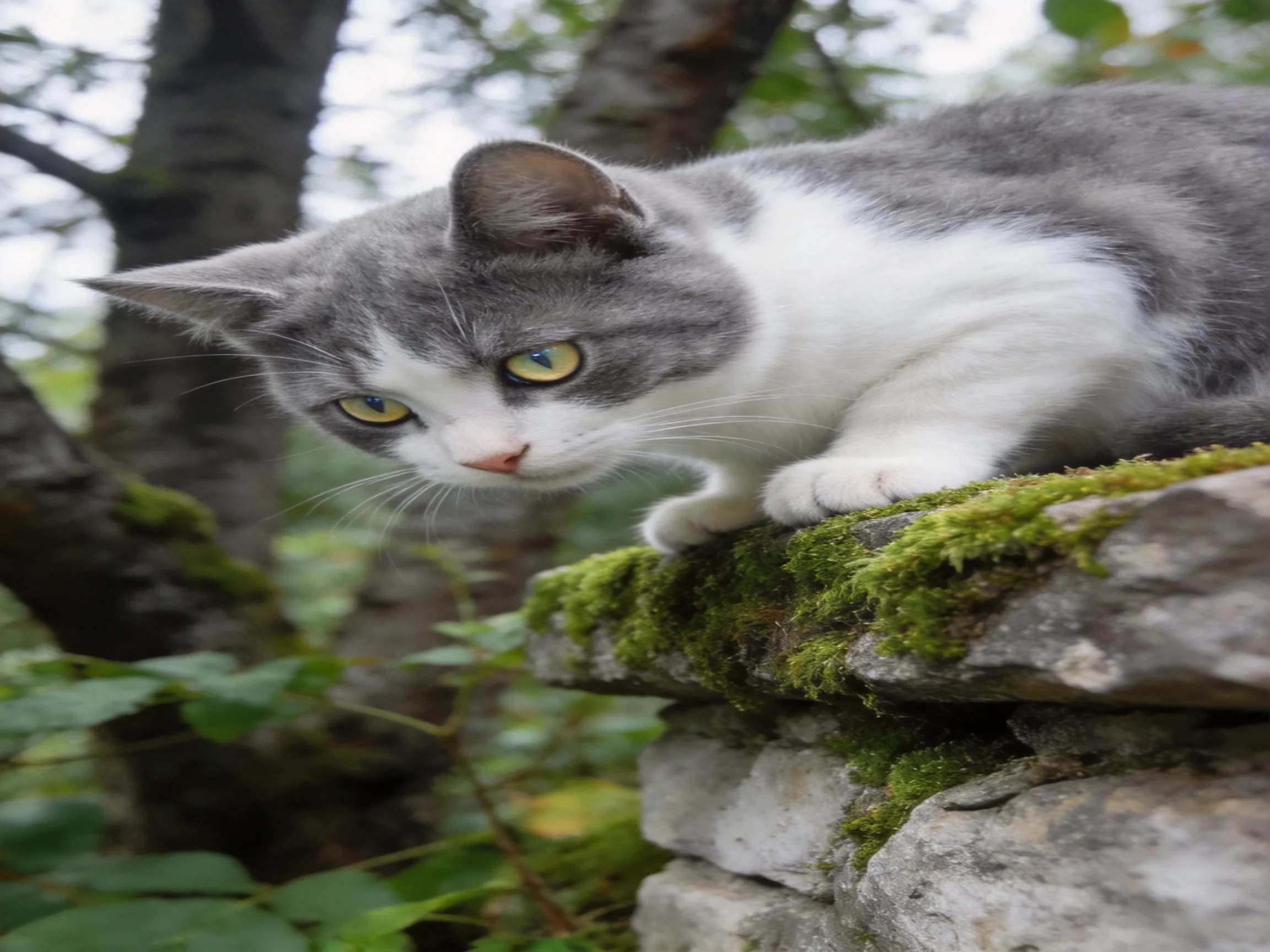 Gray-and-white cat on moss-covered stone ledge outdoors