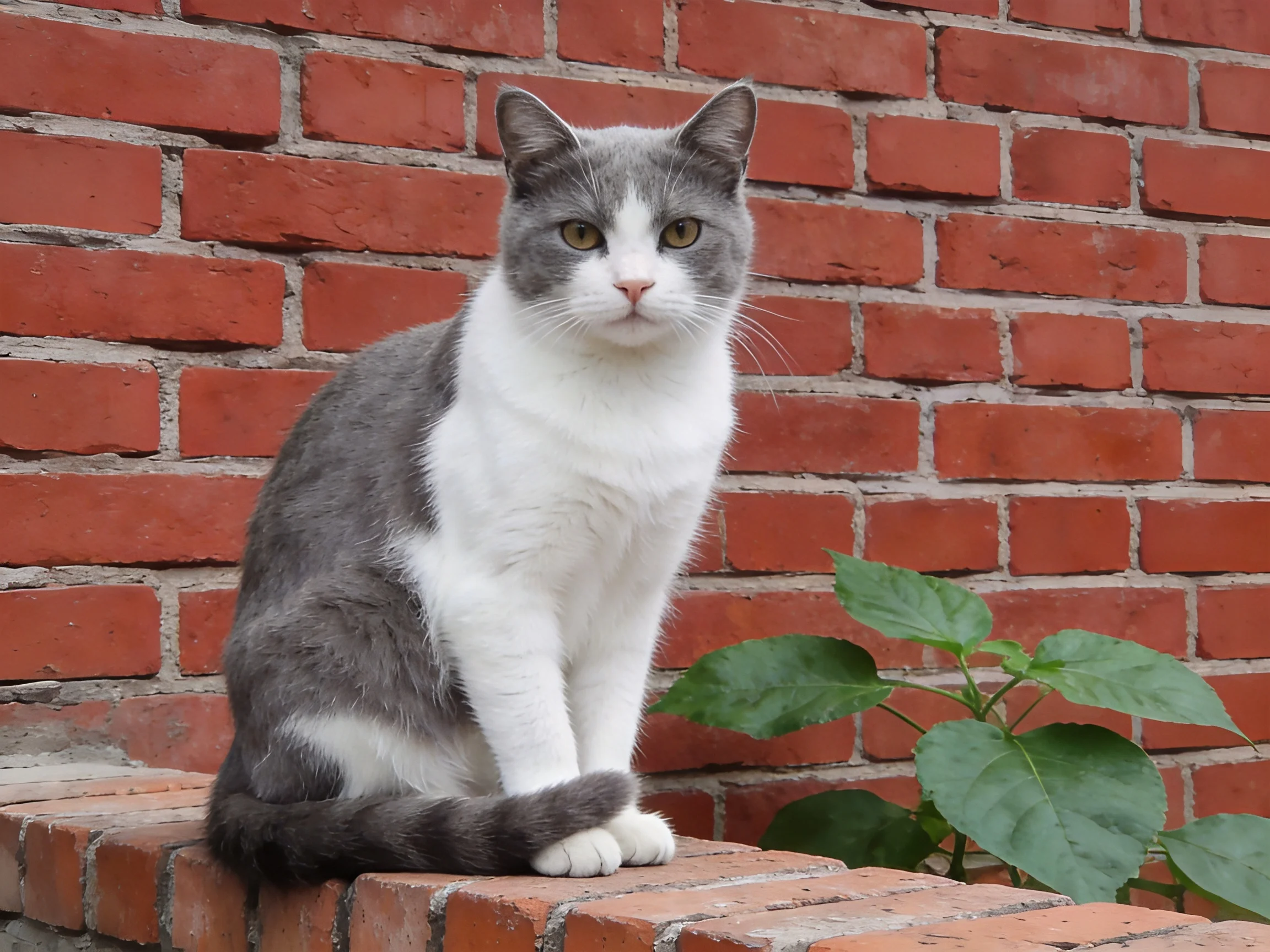 Gray and white cat sits on brick ledge near green foliage