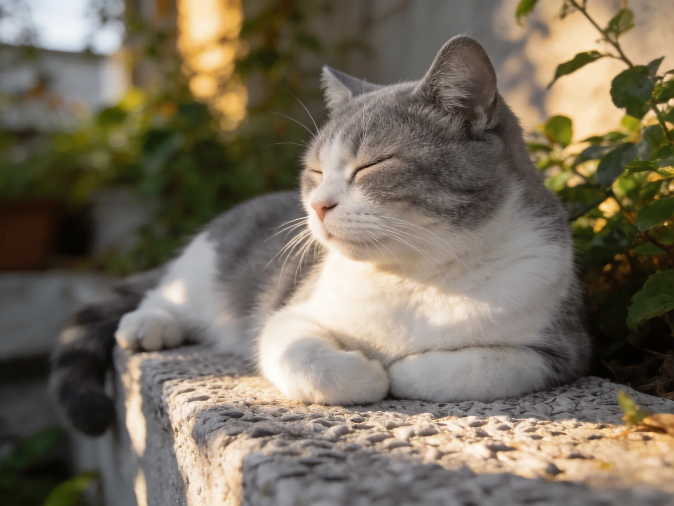 Gray and white cat relaxes on stone ledge among green foliage under golden sunlight
