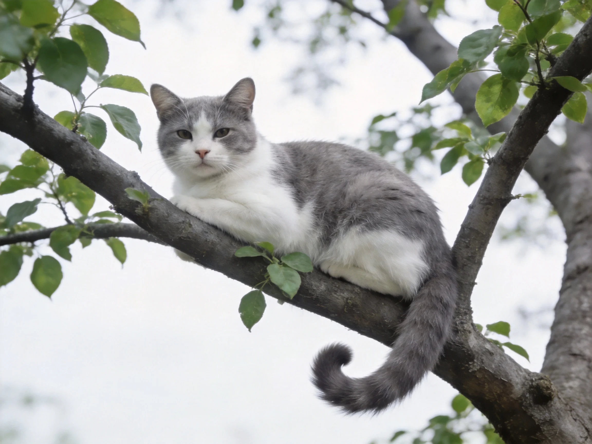 Gray and white cat resting on a leafy tree branch