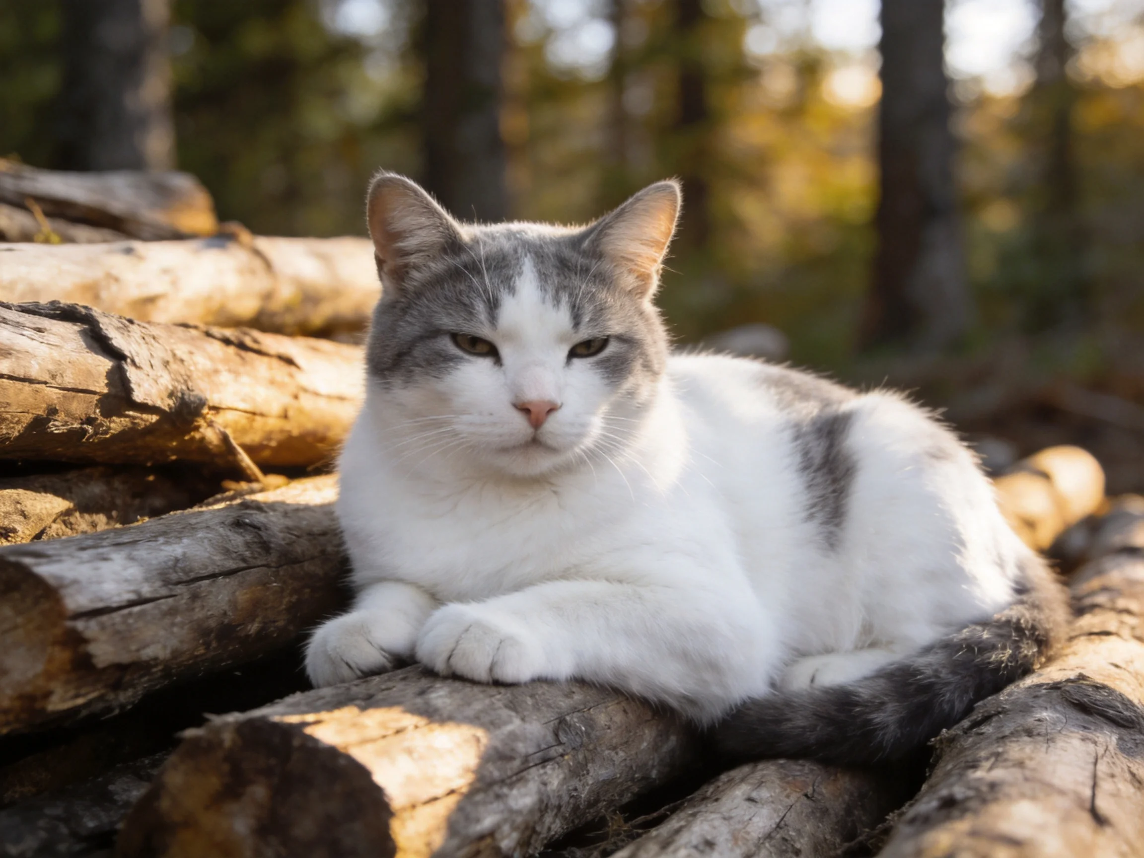 Gray and white cat resting on stacked logs in a sunlit forest