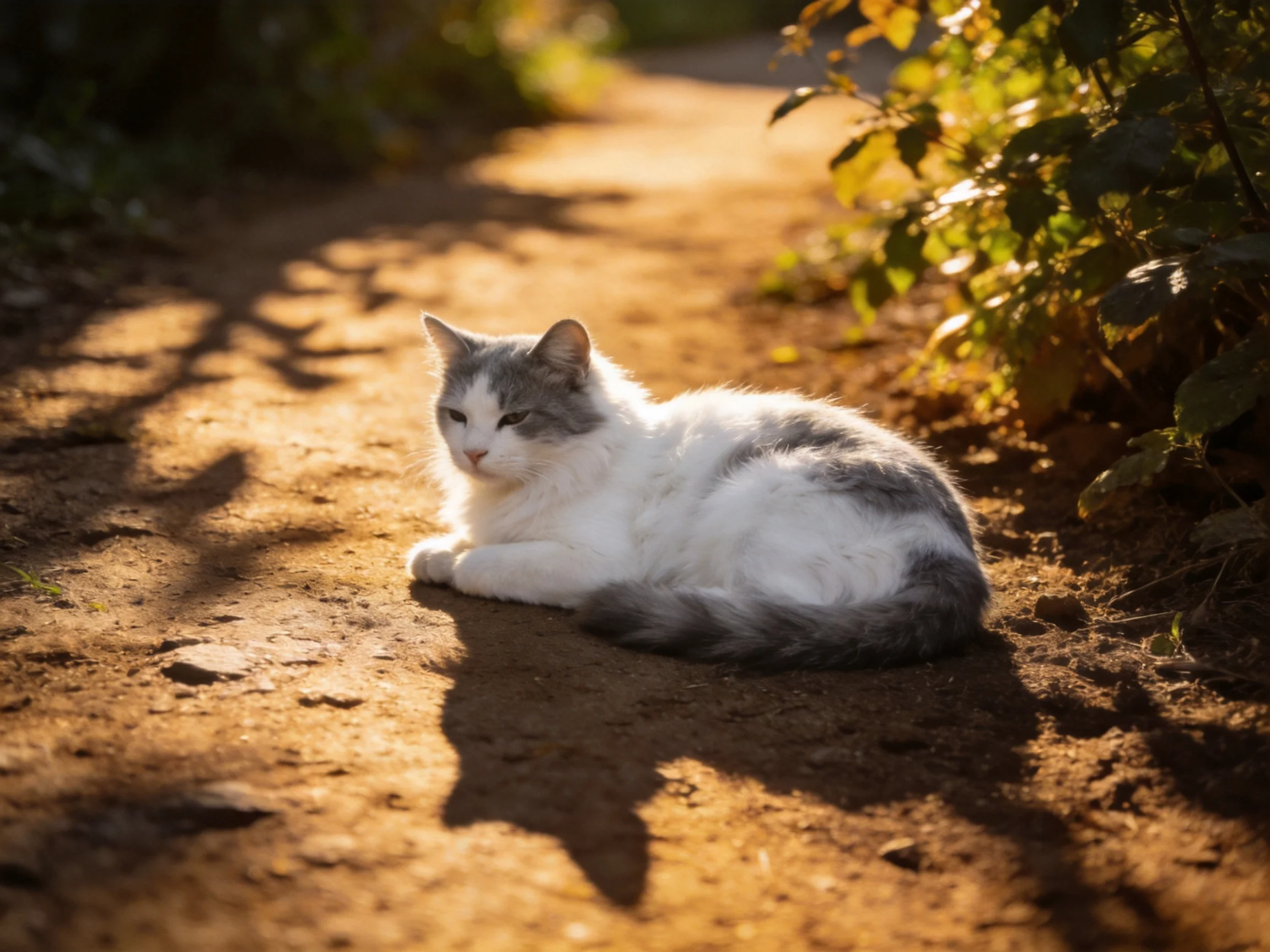 A gray-and-white cat relaxes on a sunlit dirt path in a leafy area.