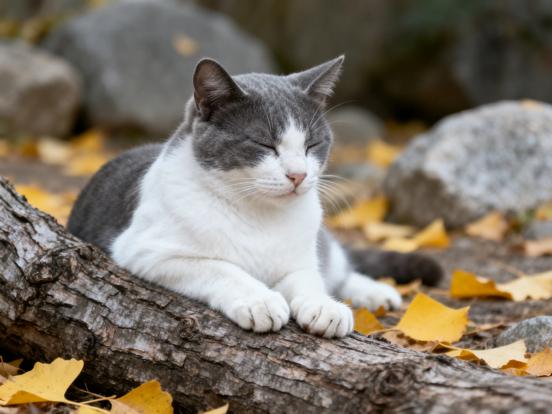 A gray and white cat rests on a log amid autumn leaves and rocks.