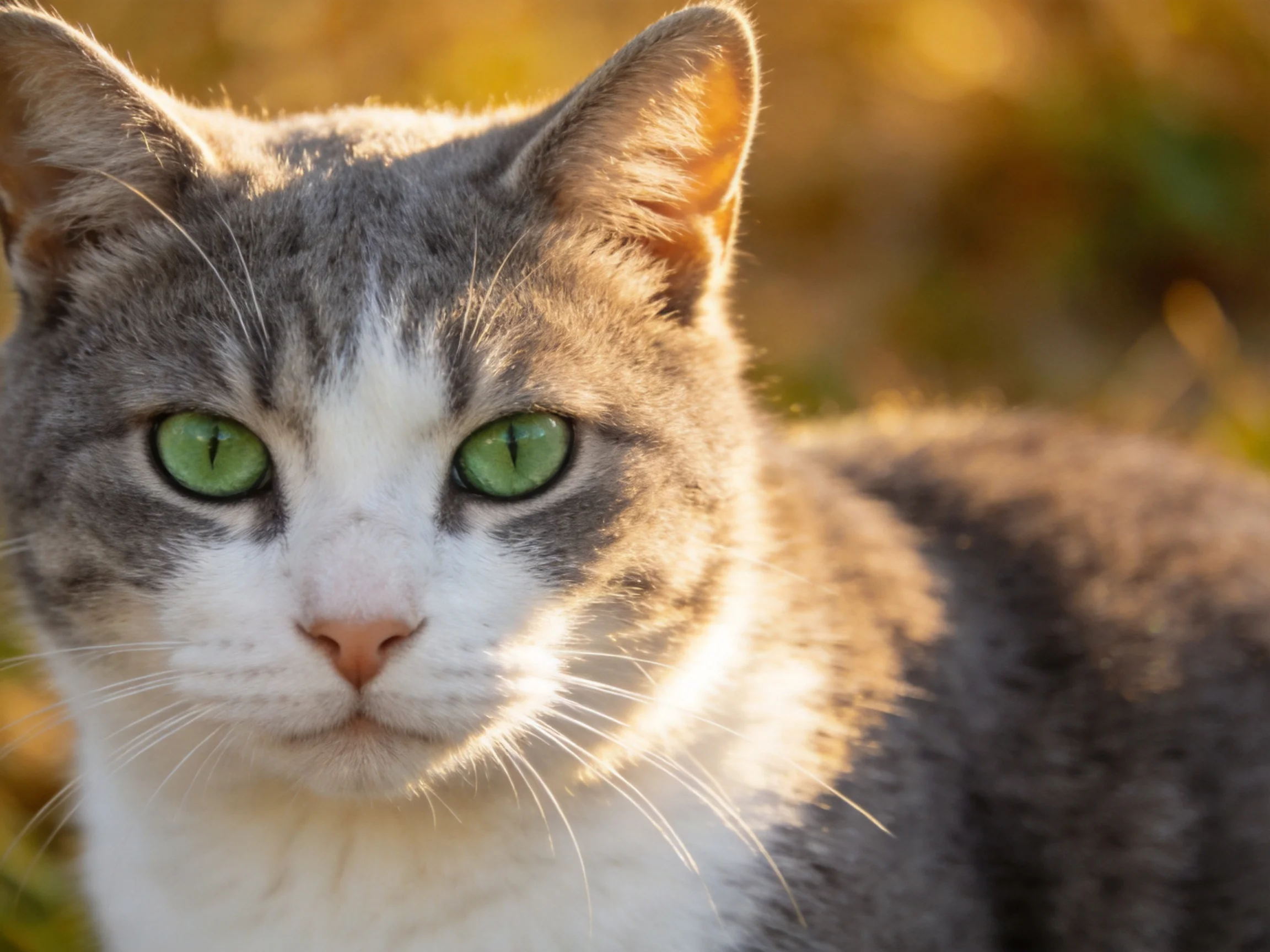 A gray and white cat with green eyes is in a sunlit outdoor area.