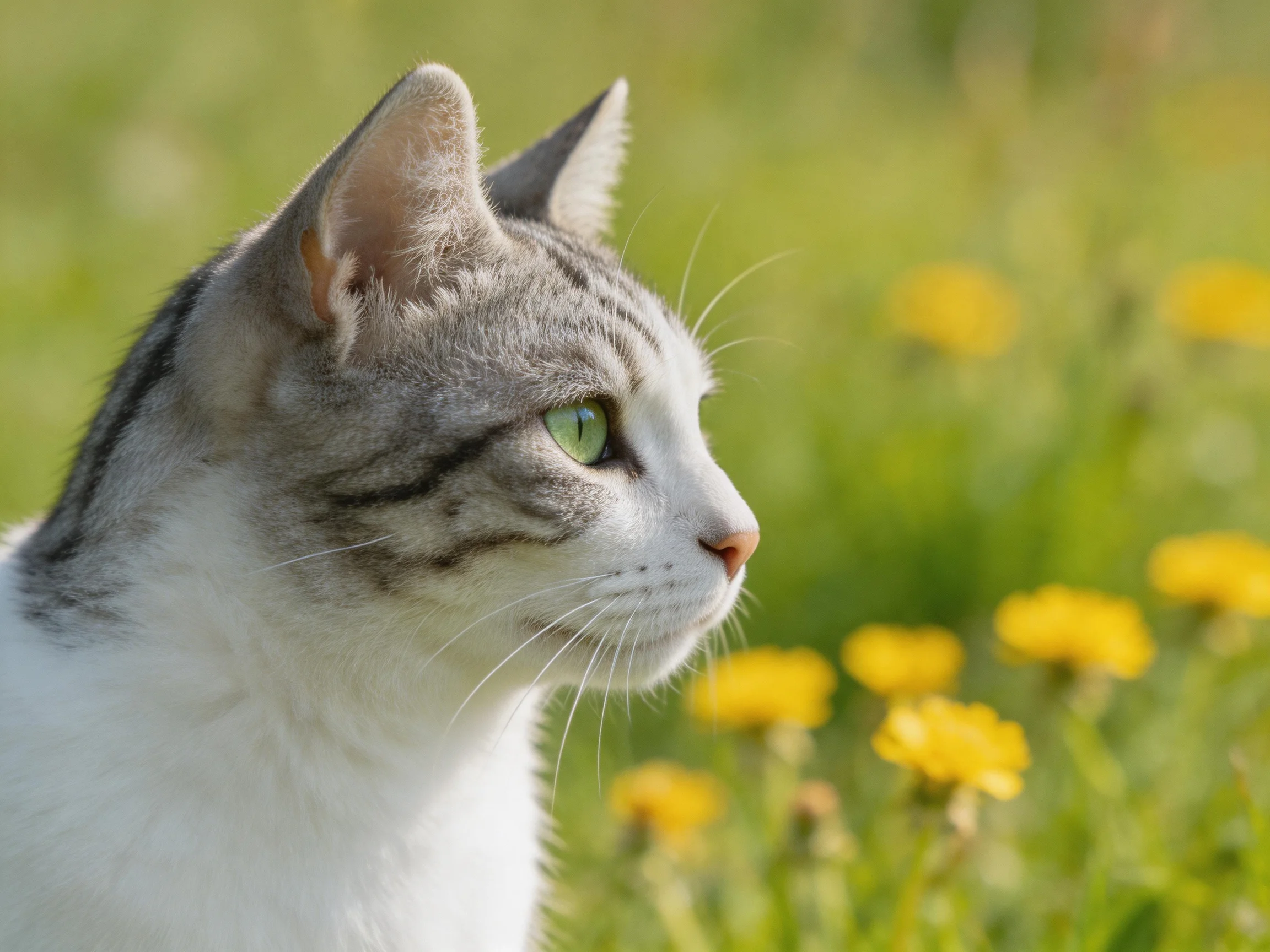 A gray-and-white cat looks toward yellow flowers in a sunlit meadow.