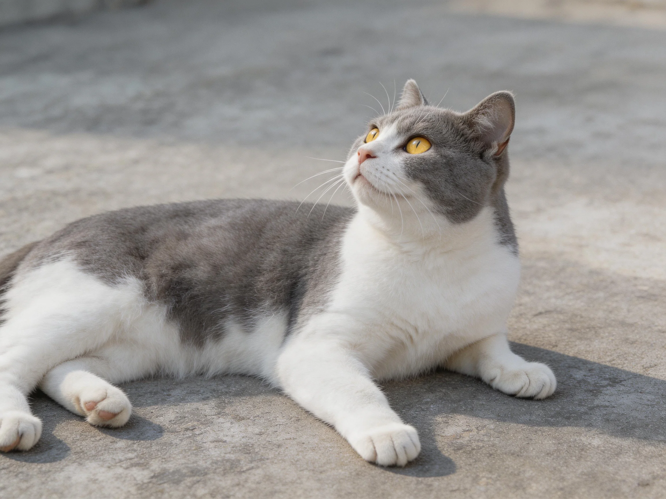 A gray and white cat rests calmly on a concrete surface.