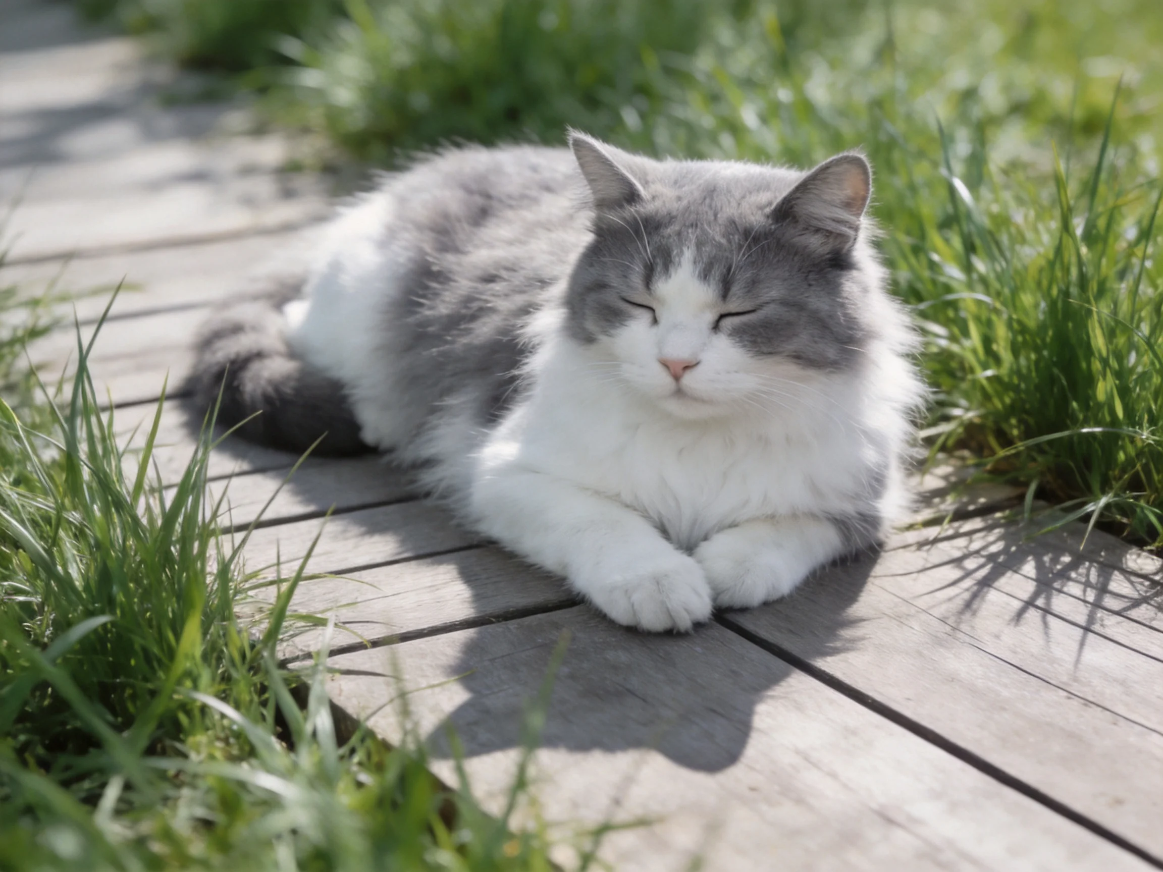A gray and white cat rests on wooden planks beside green grass.