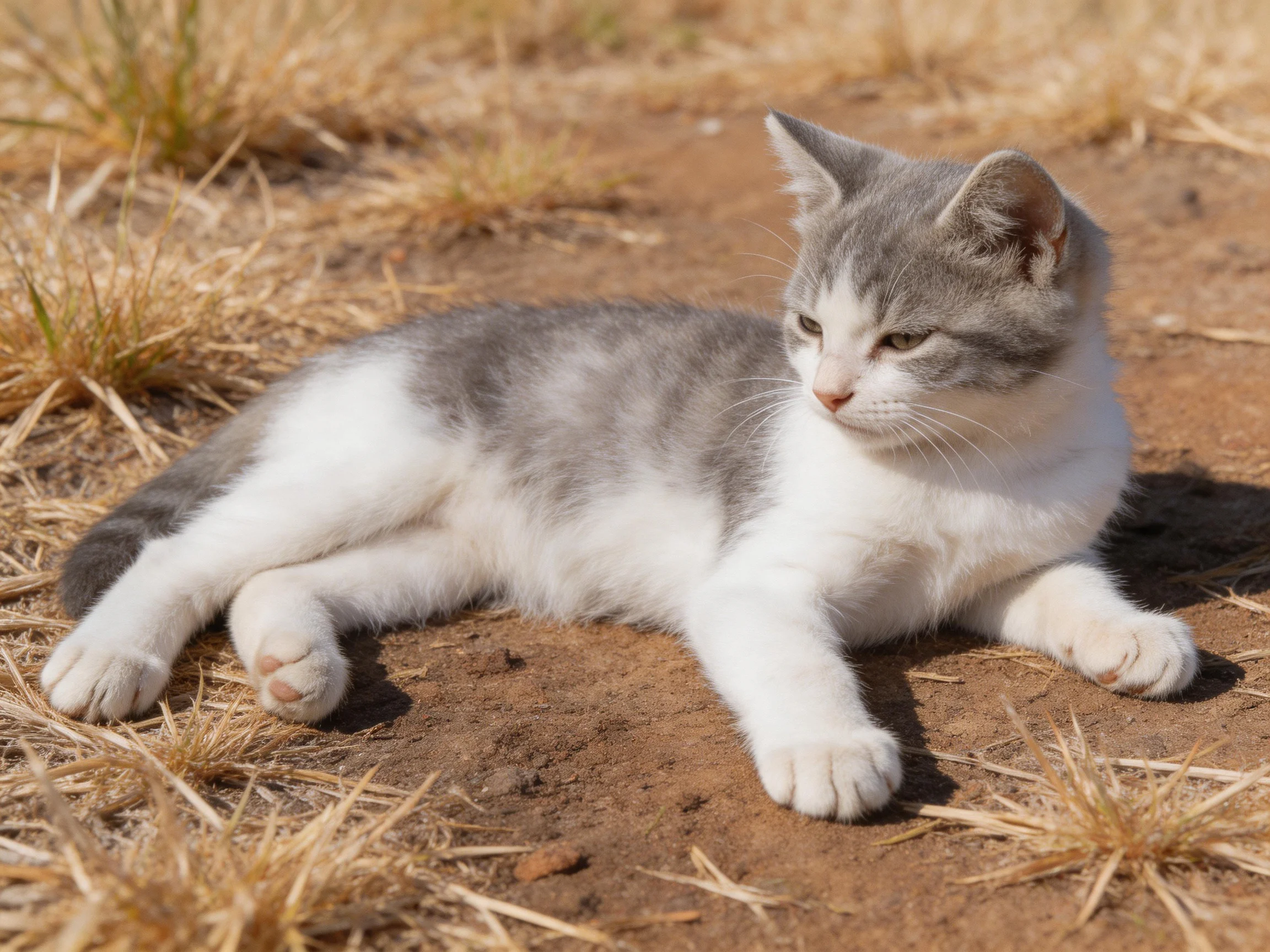 Gray-and-white kitten lounging on sun-dried dirt with dry grass