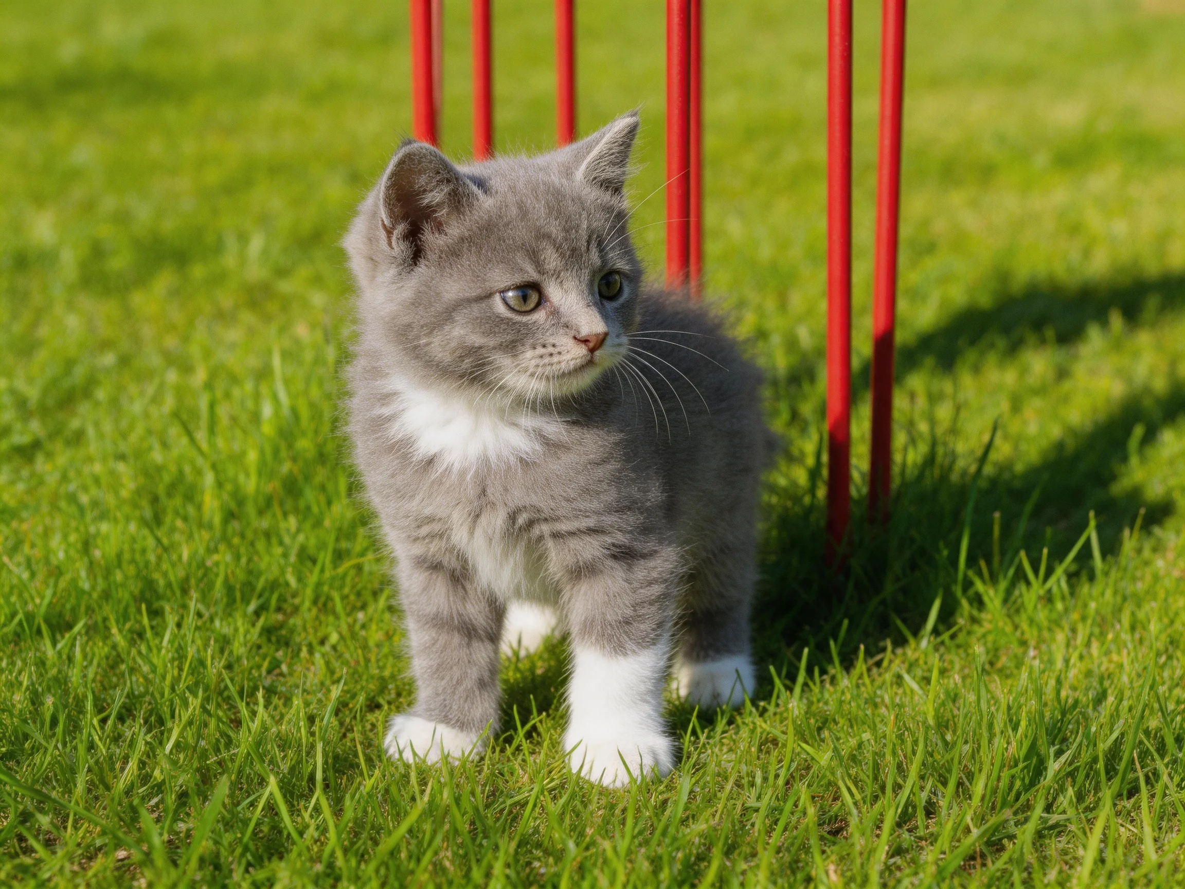 A small gray and white kitten is near red poles on green grass