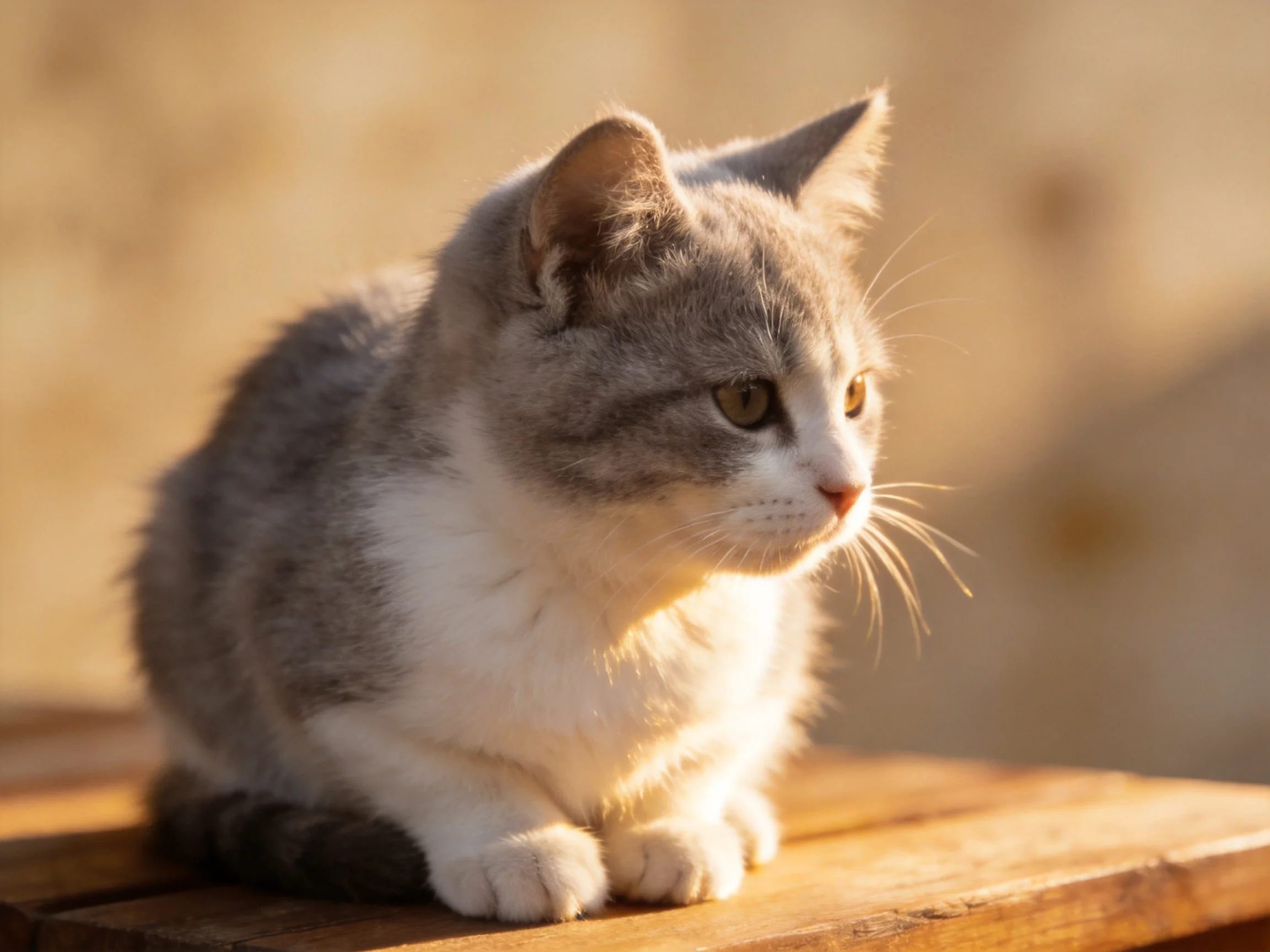 A gray and white kitten sits on wooden planks in warm sunlight.
