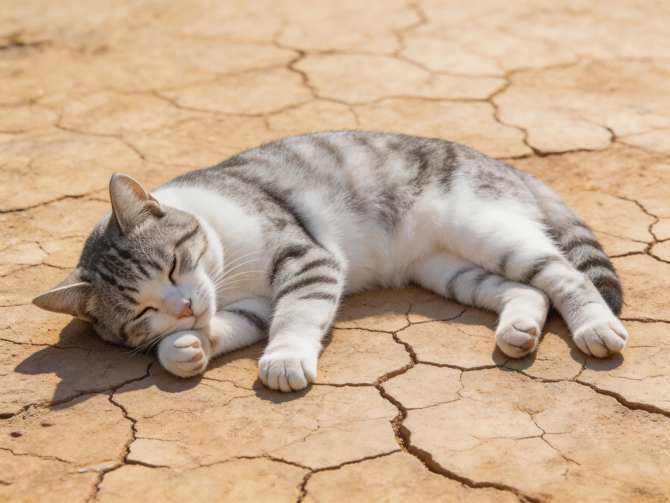 Gray and white tabby cat resting on cracked earth surface