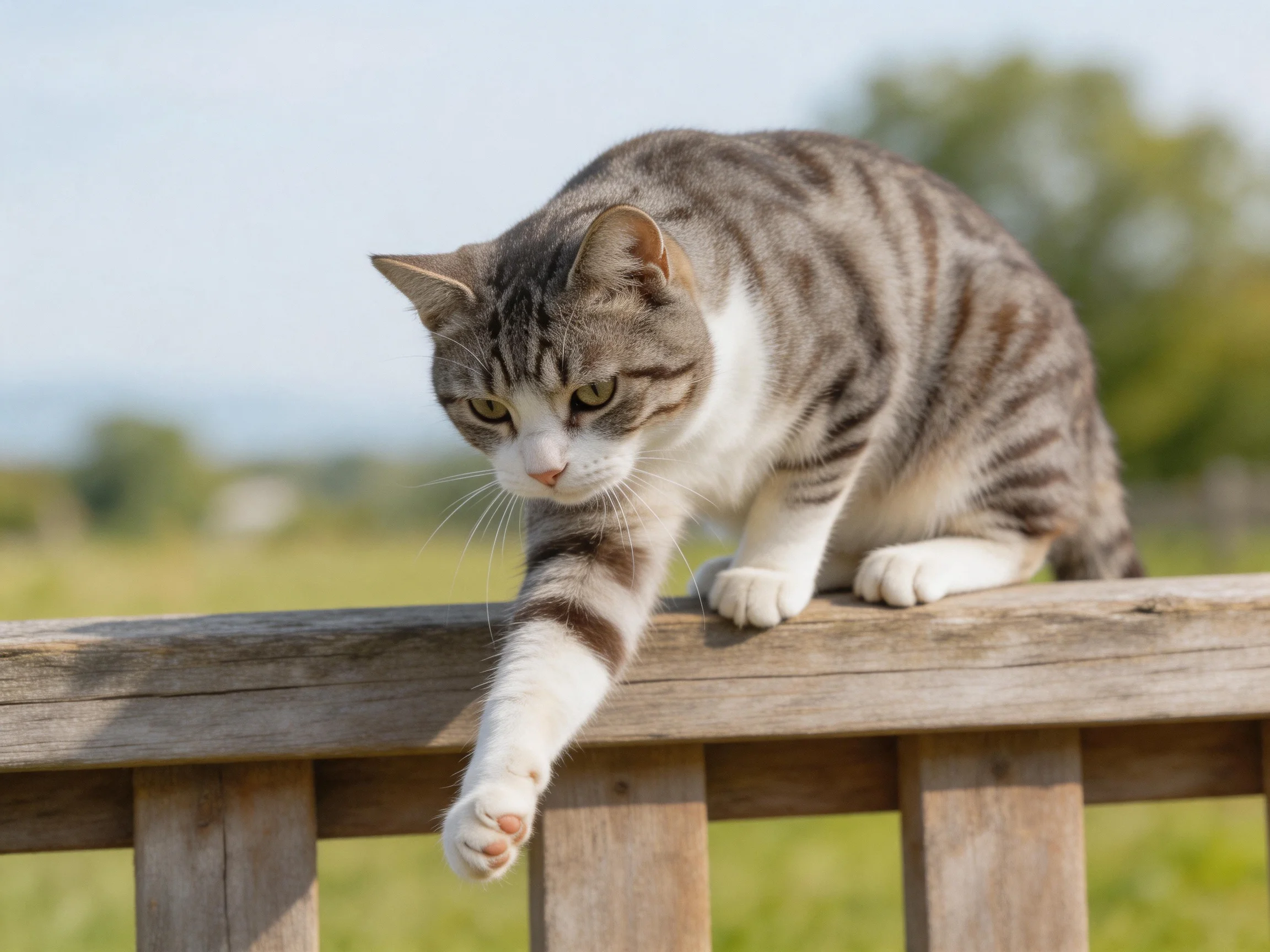 A gray and white tabby cat reaches out from a wooden fence in an open area.