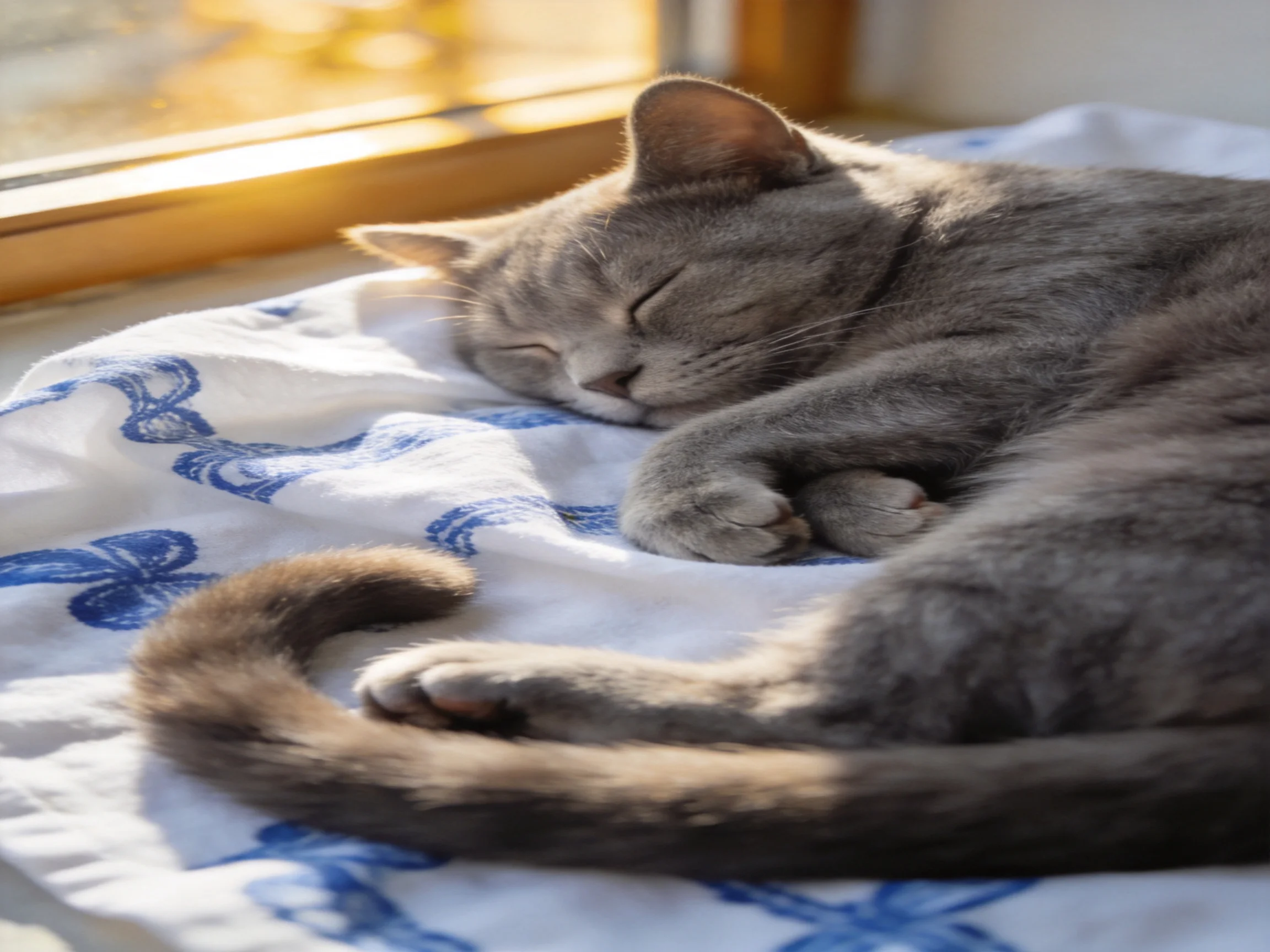 Gray cat naps on blue-patterned cloth by sunlit window