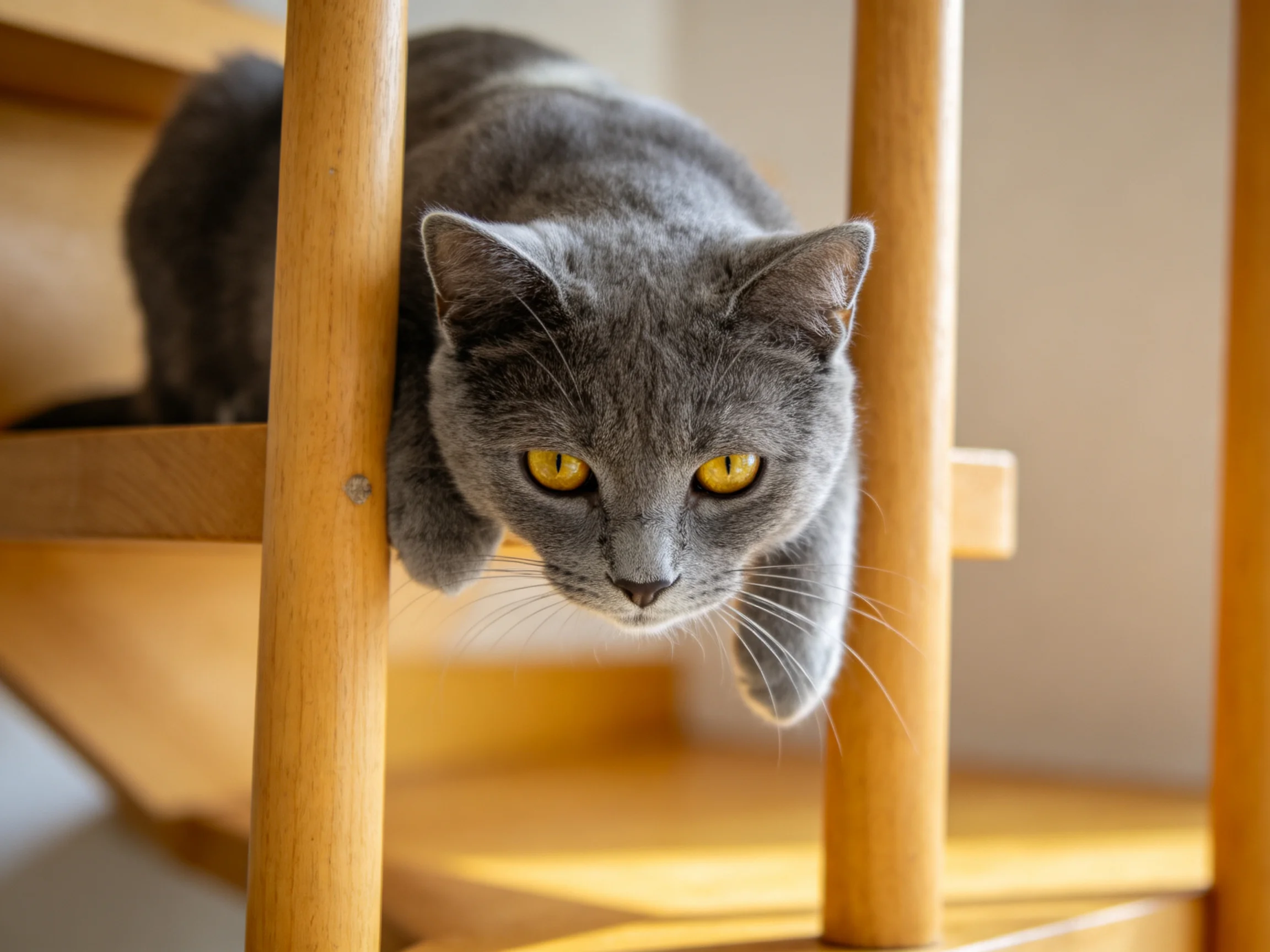 Gray cat nestled between wooden supports near a staircase