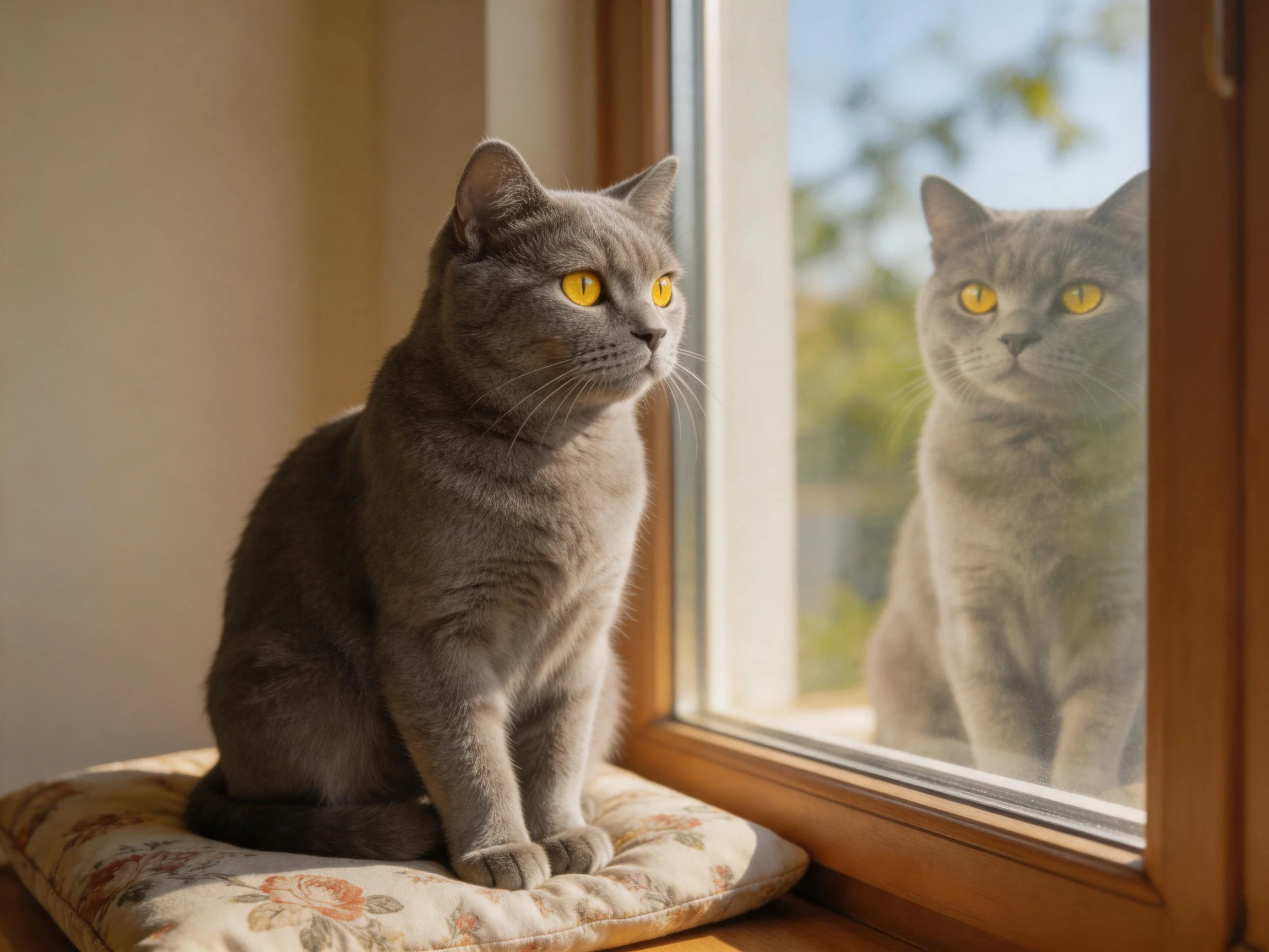 Gray cat on floral cushion by wooden window with reflection