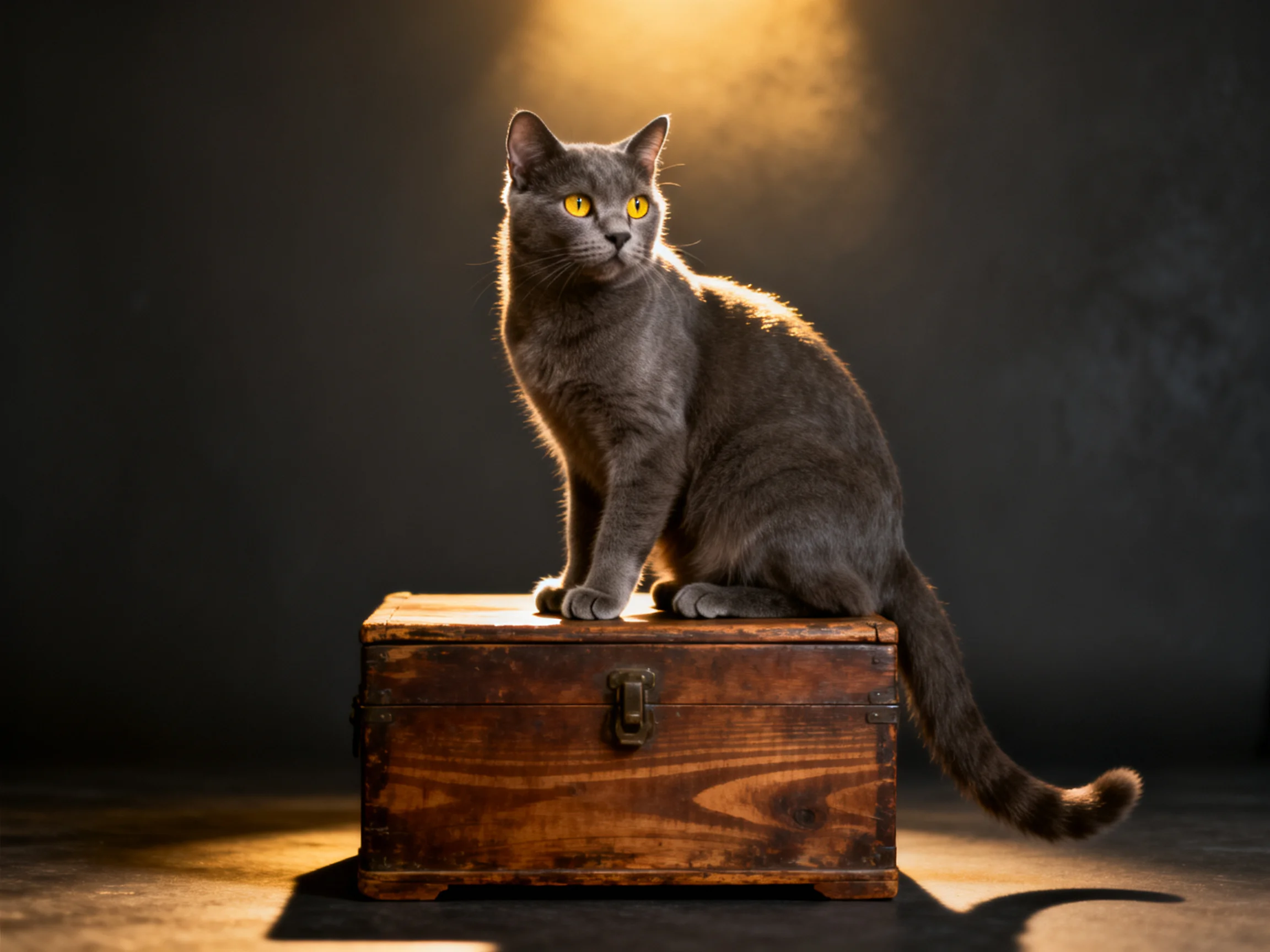 Gray cat sits on aged wooden chest with dramatic lighting