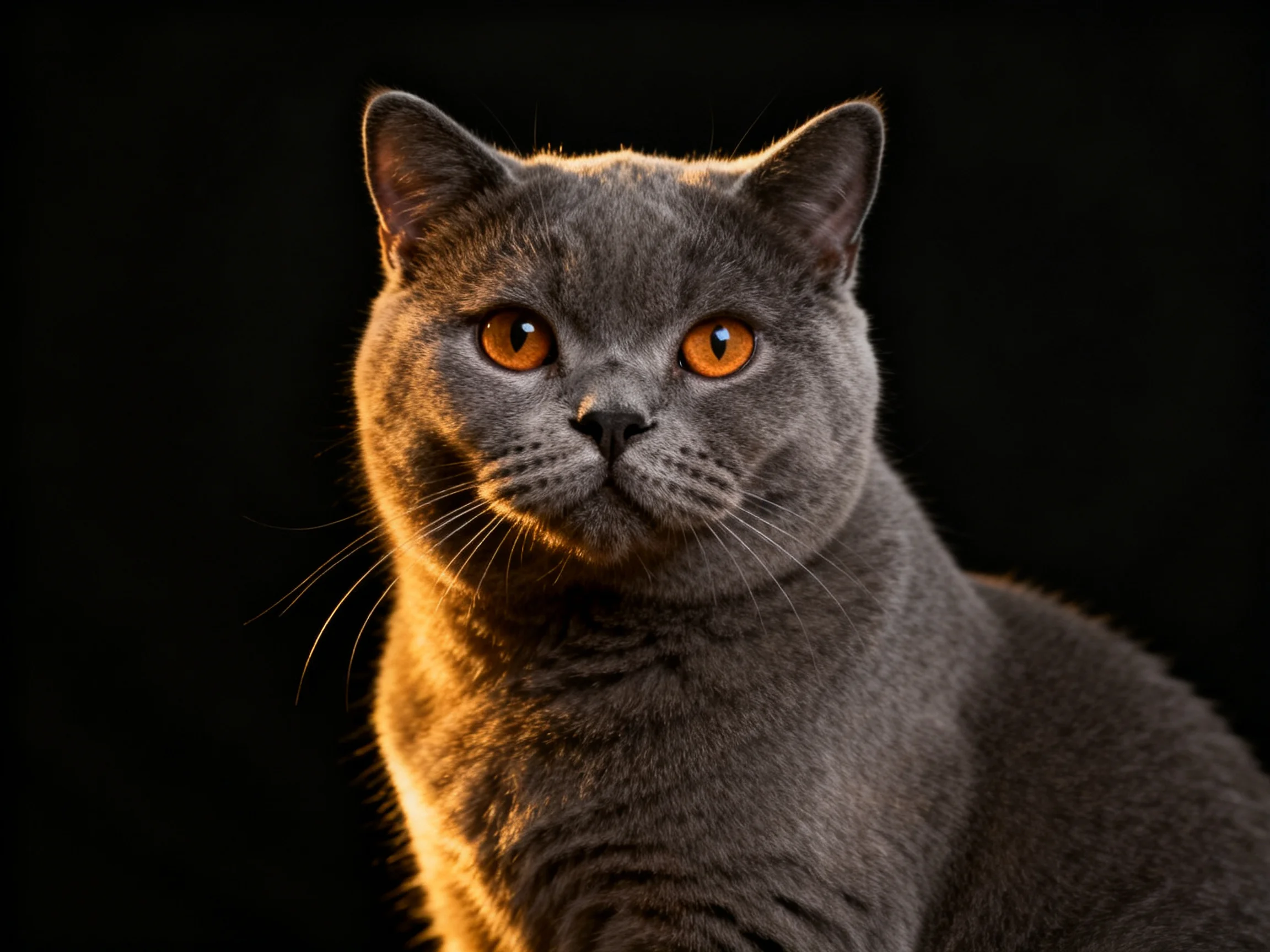 Gray cat with amber eyes lit by warm light on black background