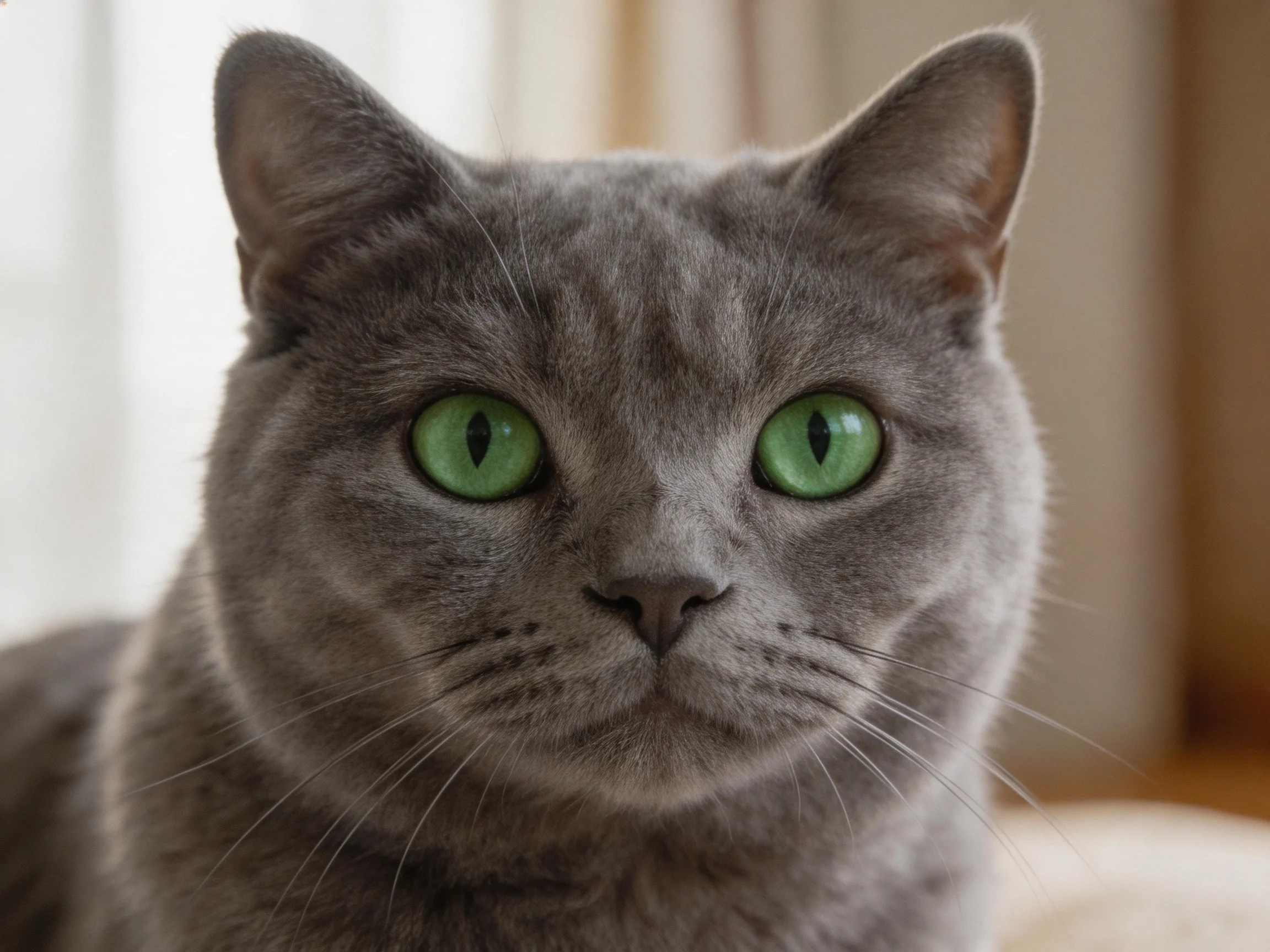 A gray cat with bright green eyes is in a softly lit indoor space.