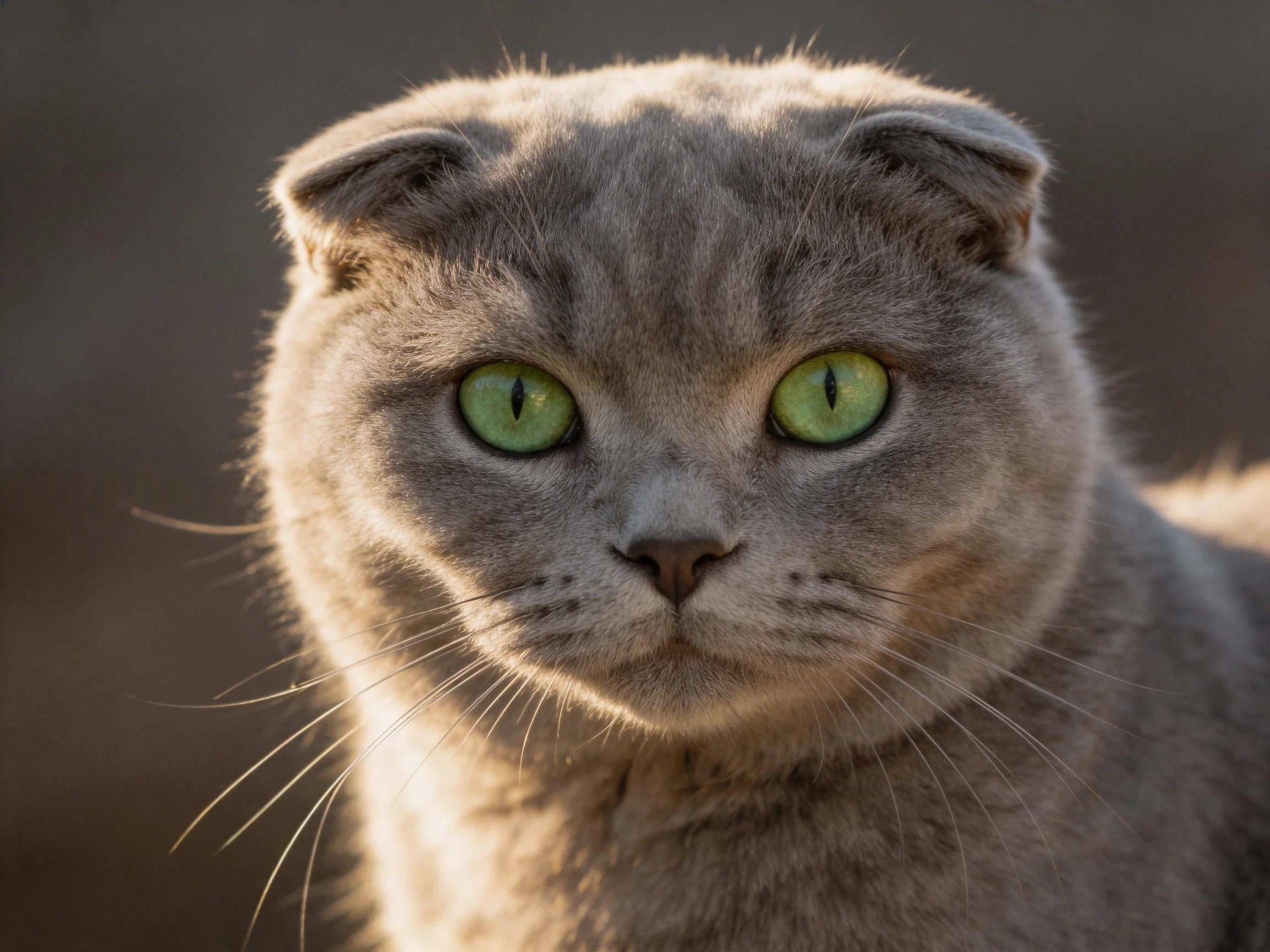 A close-up view of a gray cat with bright green eyes in soft lighting.