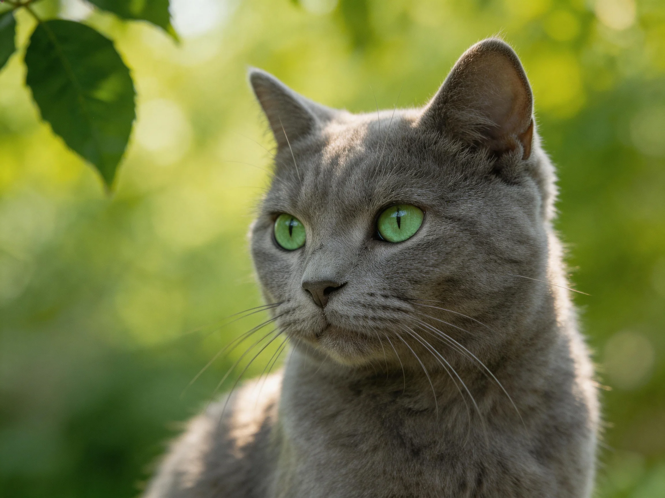 A gray cat with green eyes is in a sunlit area with green foliage.