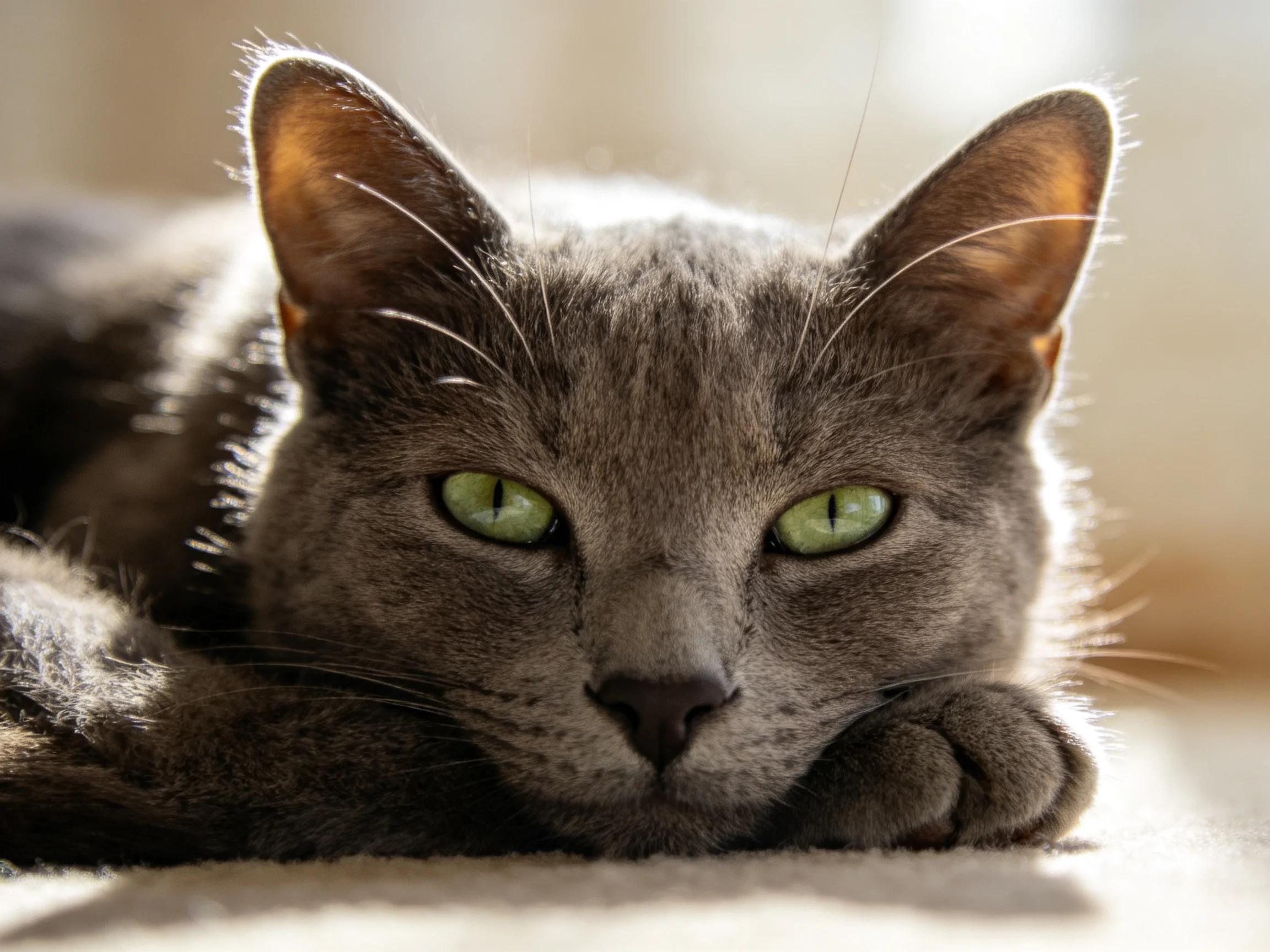 A gray cat with green eyes rests on a soft surface.